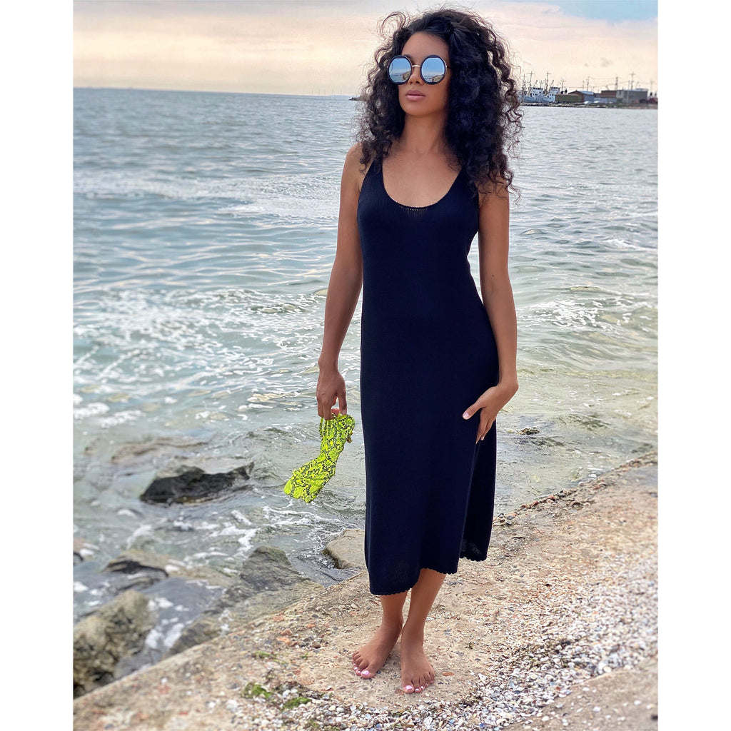 Black cotton bamboo dress thin spaghetti straps/beach tunic/sleeveless midi dress/cotton knit beach dress/thin summer dress/dress mermaid