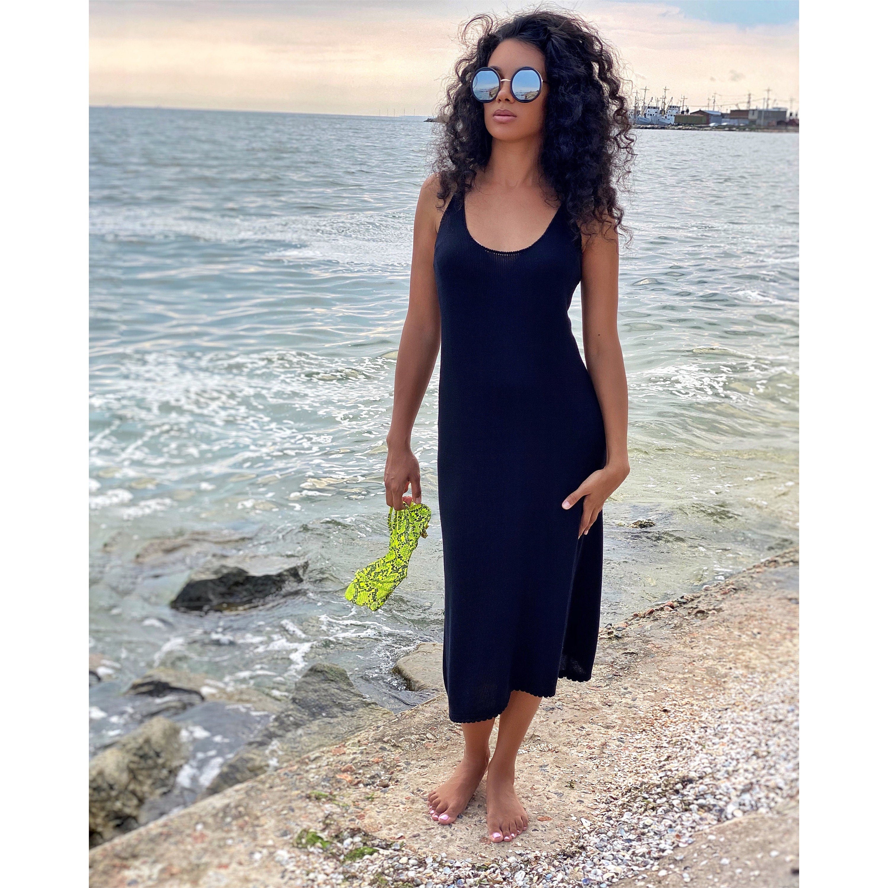 Black cotton bamboo dress thin spaghetti straps/beach tunic/sleeveless midi dress/cotton knit beach dress/thin summer dress/dress mermaid