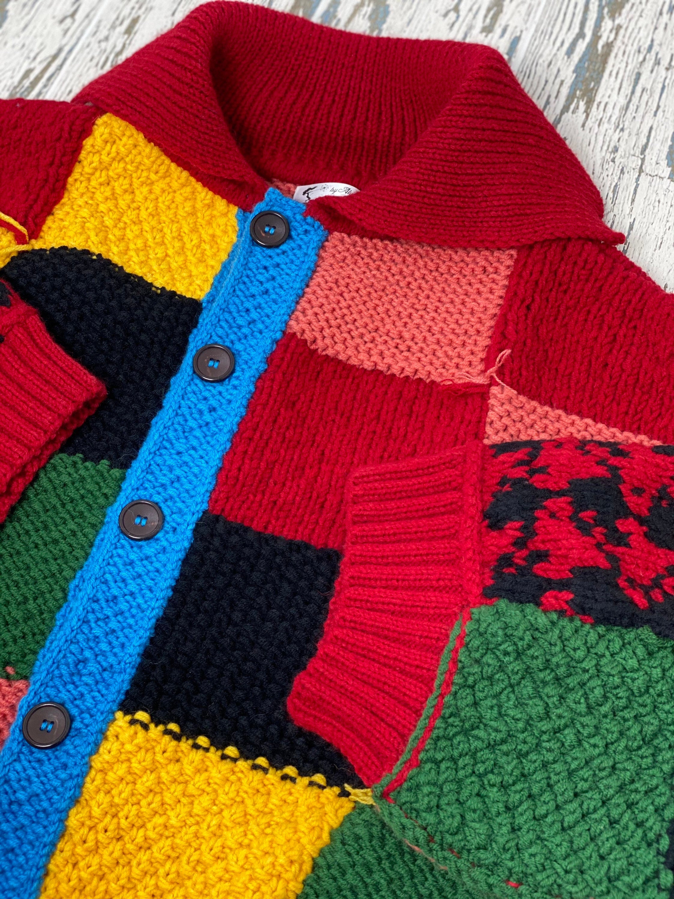 Knit wool patchwork unisex cardigan Chunky knit colourblock cardigan Patchwork Harry Sweater Colorful Cardigan Oversized Crochet Cardigan