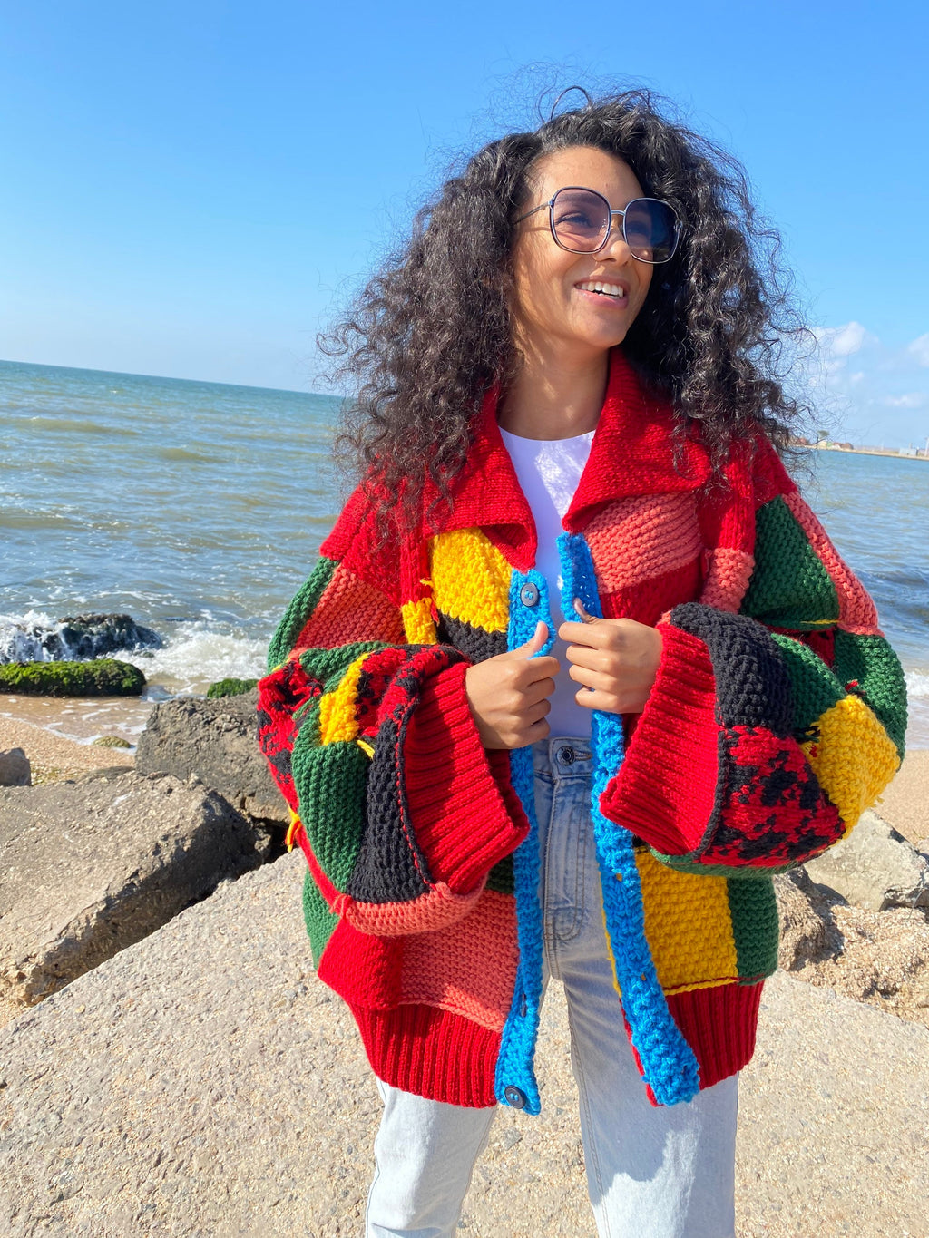 Hand knit merino wool red green yellow patchwork sweater Harry St /JW Anderson Inspired unisex cardigan Chunky knit colourblock plus size