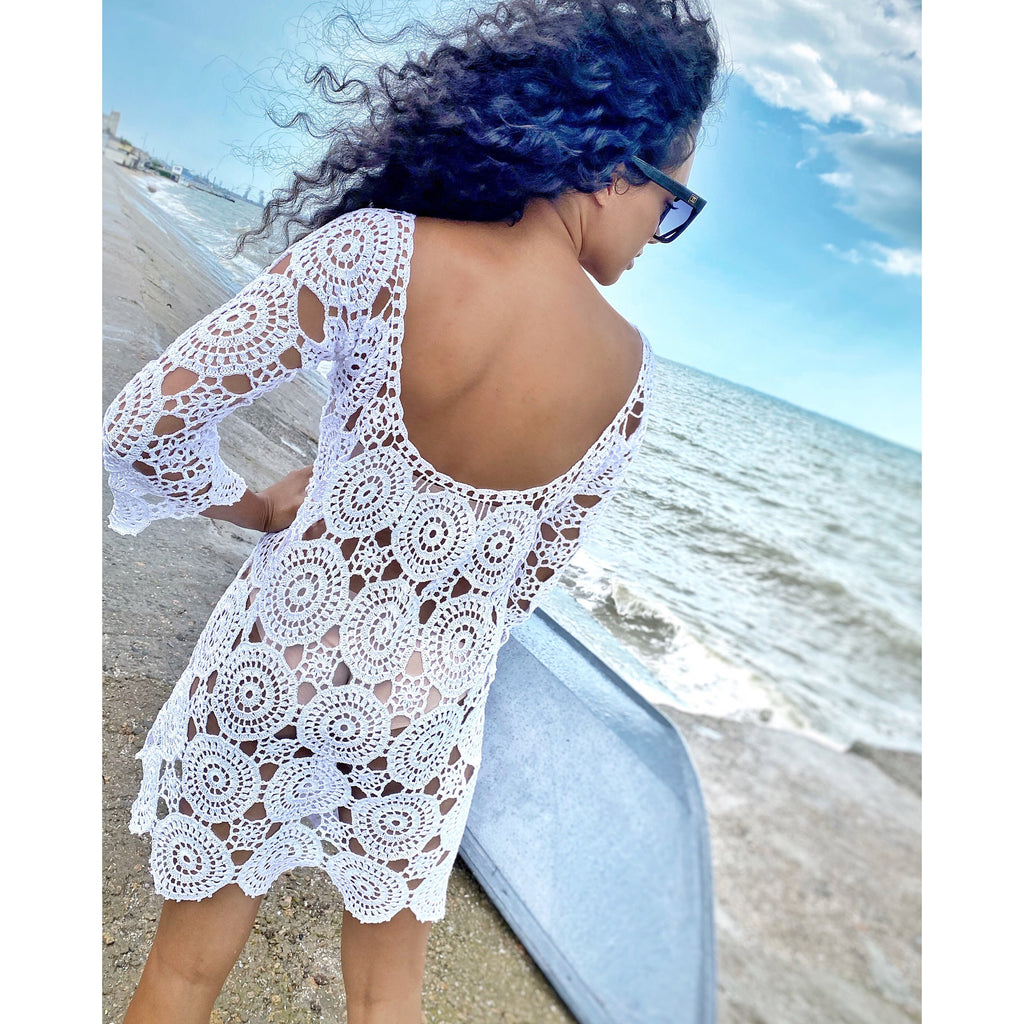 Beach crochet organic cotton white dress Beach Cover-Ups White crochet dress mini midi cover-ups crochet lace vintage dress Beachwear