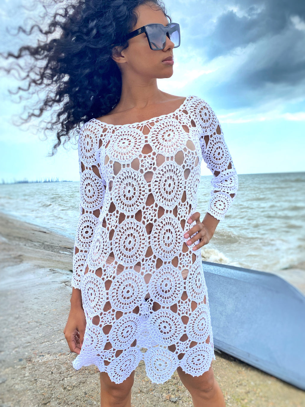 Crochet lace blue beach dress Cover-Ups Beach tunic cotton crochet tunic dress for beach vintage Beachwear Lace crochet dress