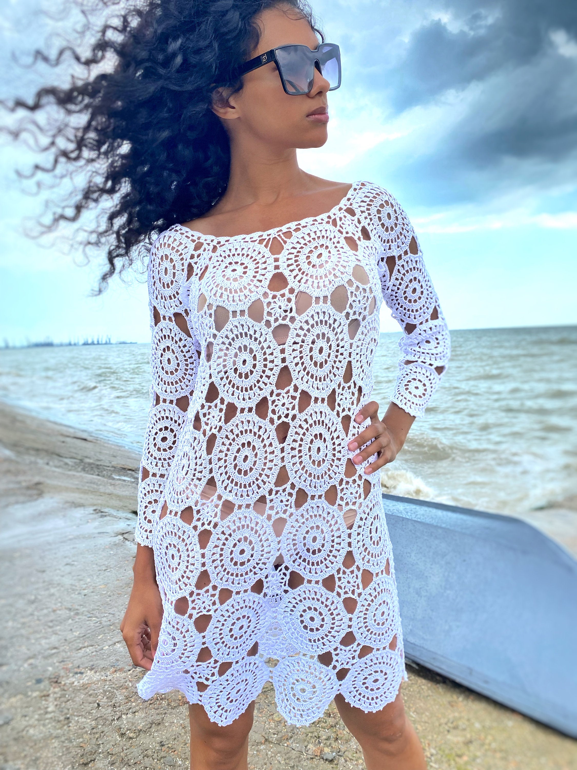 Crochet lace blue beach dress Cover-Ups Beach tunic cotton crochet tunic dress for beach vintage Beachwear Lace crochet dress