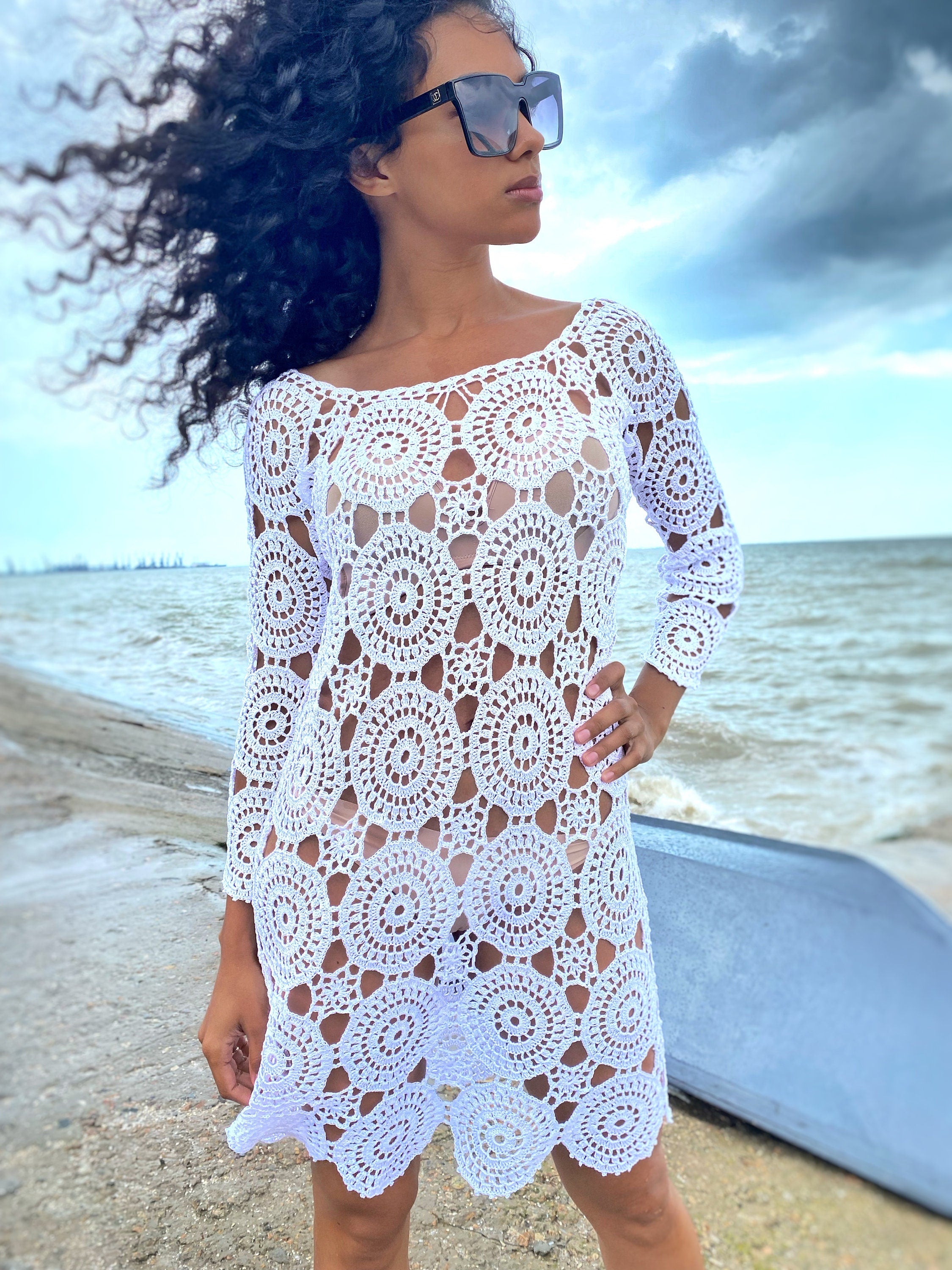 Crochet lace blue beach dress Cover-Ups Beach tunic cotton crochet tunic dress for beach vintage Beachwear Lace crochet dress