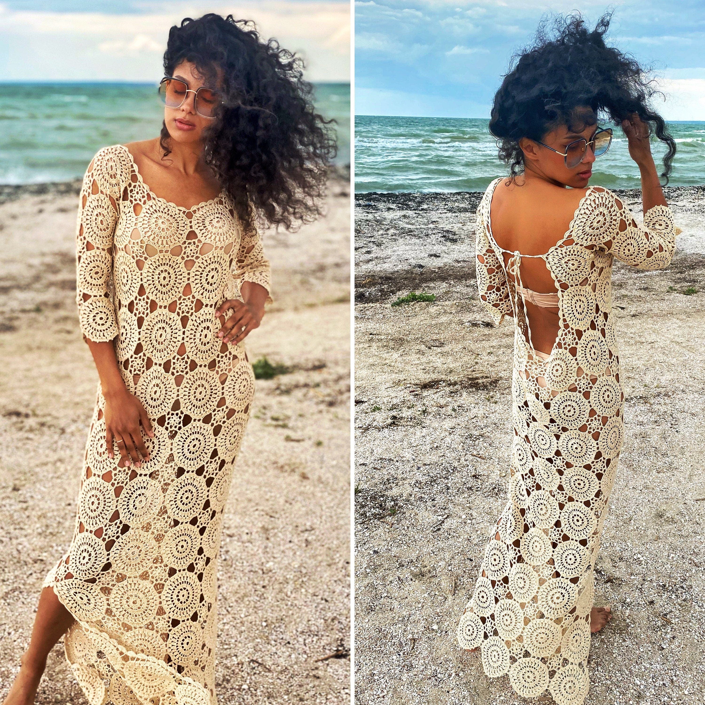 Beach crochet maxi dress for beach wedding Beach cover up Brown beige white midi dress Wedding open back dress Boho maxi summer dress