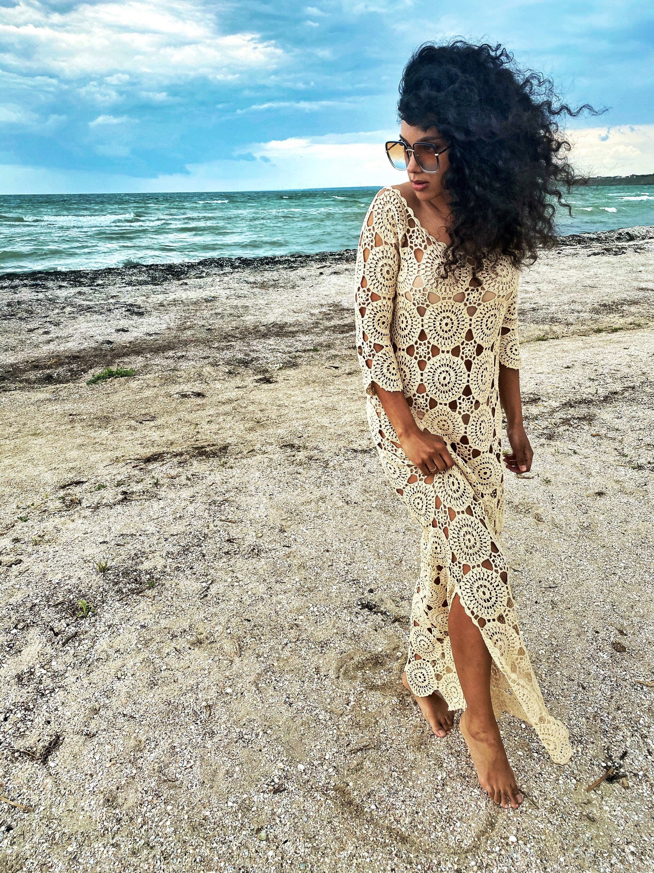 Beach crochet maxi dress/dress for beach wedding beach cover up/Crochet Beach Dress/white beige beach cover up/wedding dress beach boho