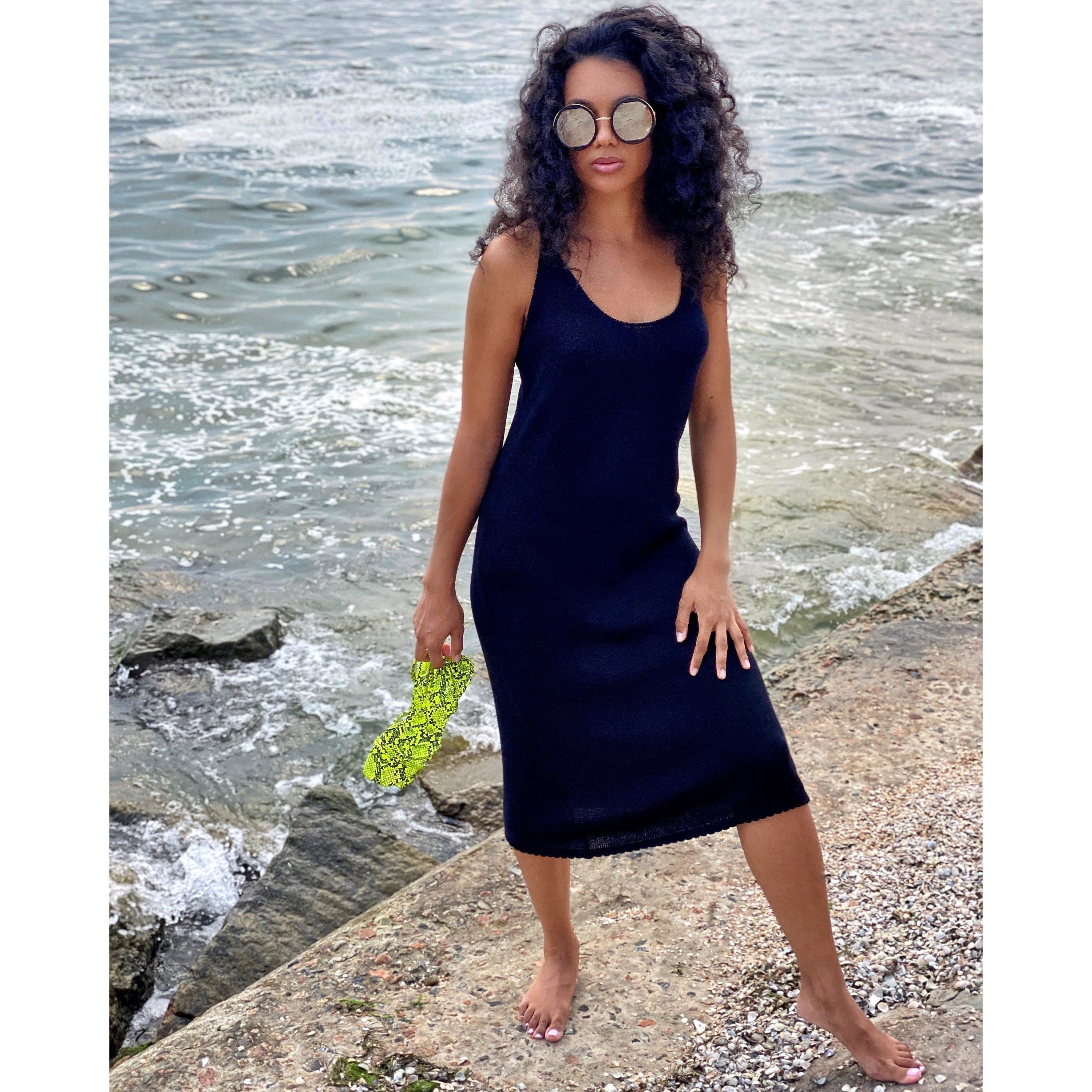 Black cotton bamboo dress thin spaghetti straps/beach tunic/sleeveless midi dress/cotton knit beach dress/thin summer dress/dress mermaid