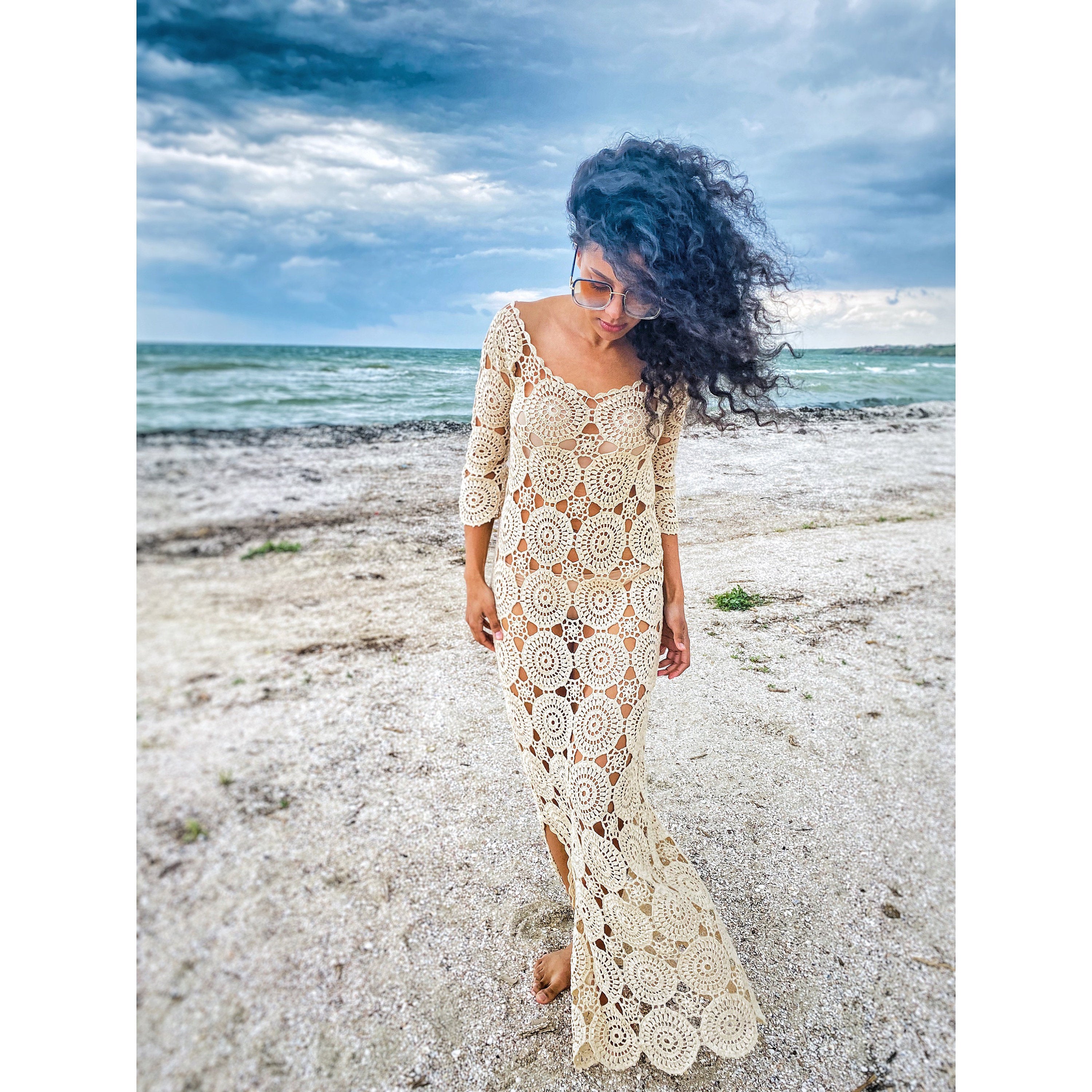 Beach crochet maxi dress/dress for beach wedding beach cover up/Crochet Beach Dress/white beige beach cover up/wedding dress beach boho