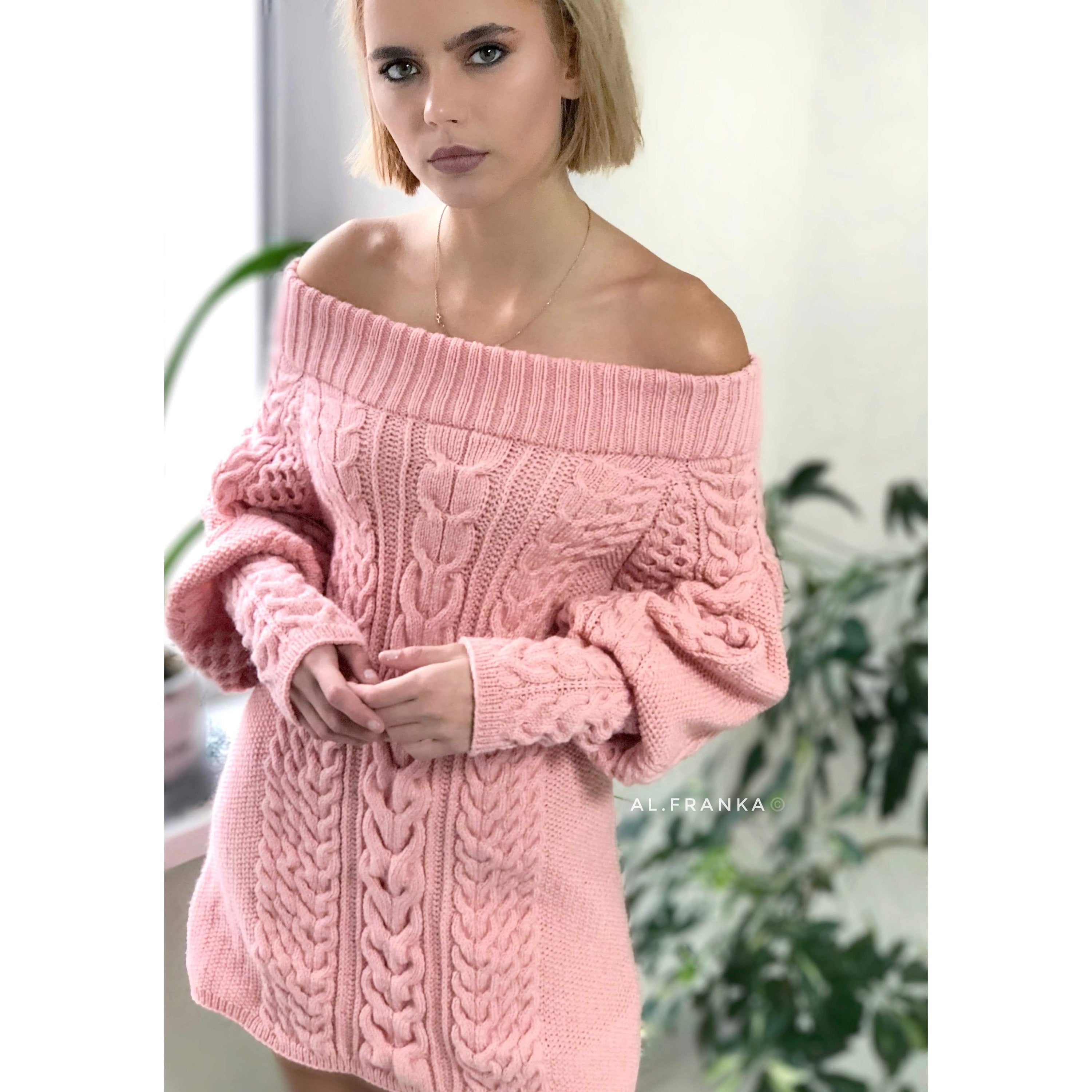 Aran long sweater dress with open shoulders Pink knitted one shoulder dress Cable knit sweater/wide sleeves/off shoulder sweater for women