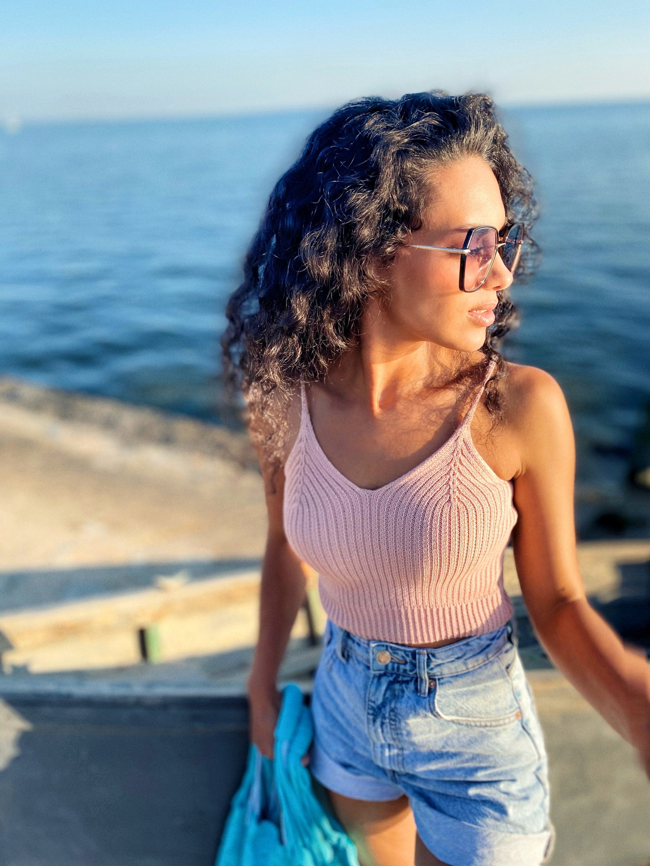Pastel Crop top for women Short beige top Cotton knitted top Sleeveless knitted crop top/ knit top light pink