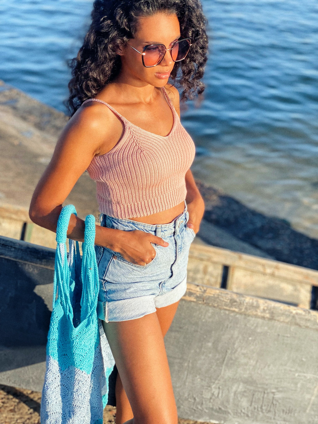 Pastel Crop top for women Short beige top Cotton knitted top Sleeveless knitted crop top/ knit top light pink
