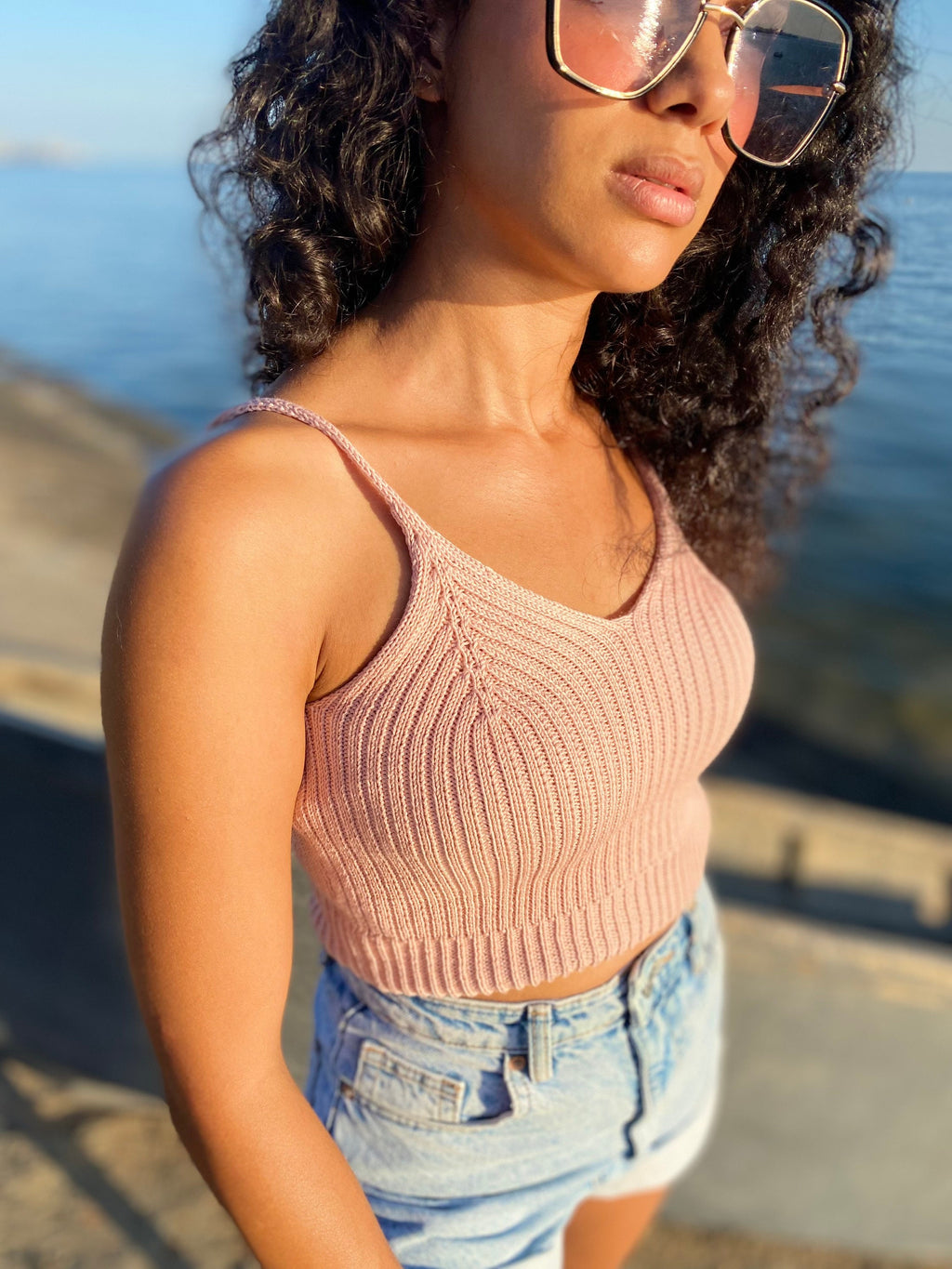 Pastel Crop top for women Short beige top Cotton knitted top Sleeveless knitted crop top/ knit top light pink
