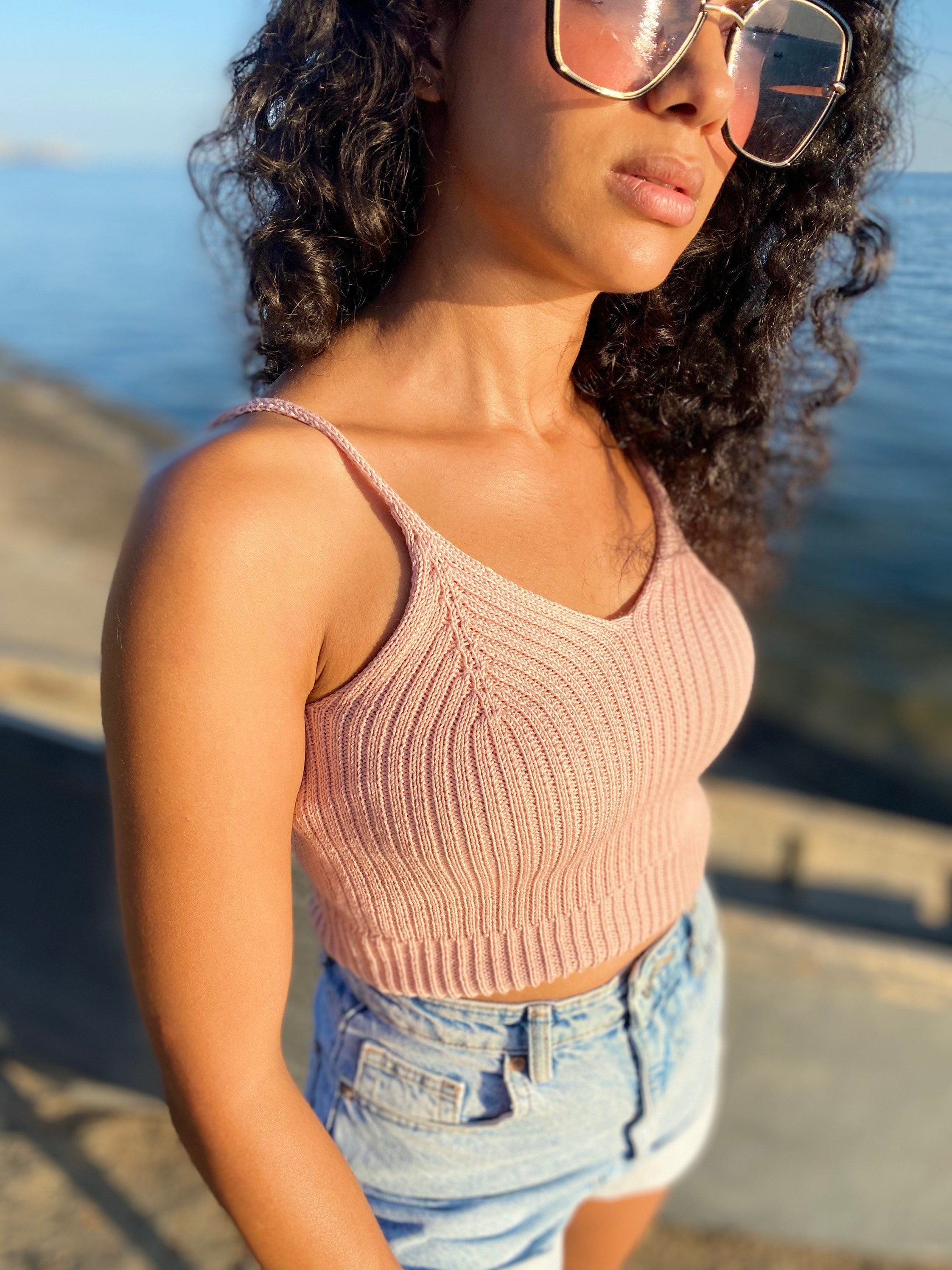 Pastel Crop top for women Short beige top Cotton knitted top Sleeveless knitted crop top/ knit top light pink