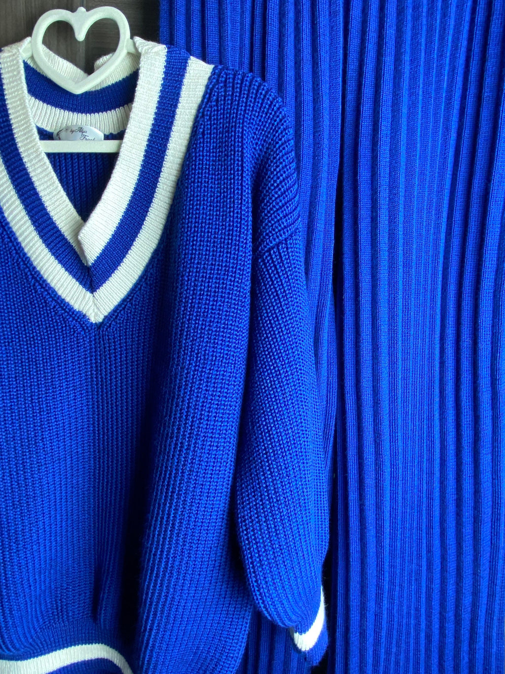 Knitted two piece set for women/Blue merino knit pantsuit/knit v-neck sweater pleated pants/Bright sweater and pants/Knit Sweater Set Women