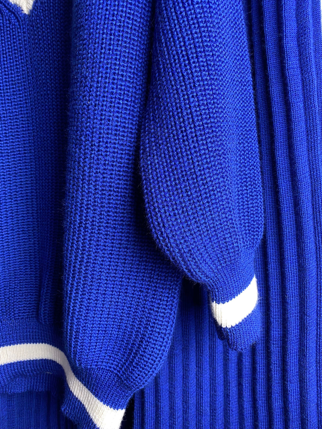 Knitted two piece set for women/Blue merino knit pantsuit/knit v-neck sweater pleated pants/Bright sweater and pants/Knit Sweater Set Women