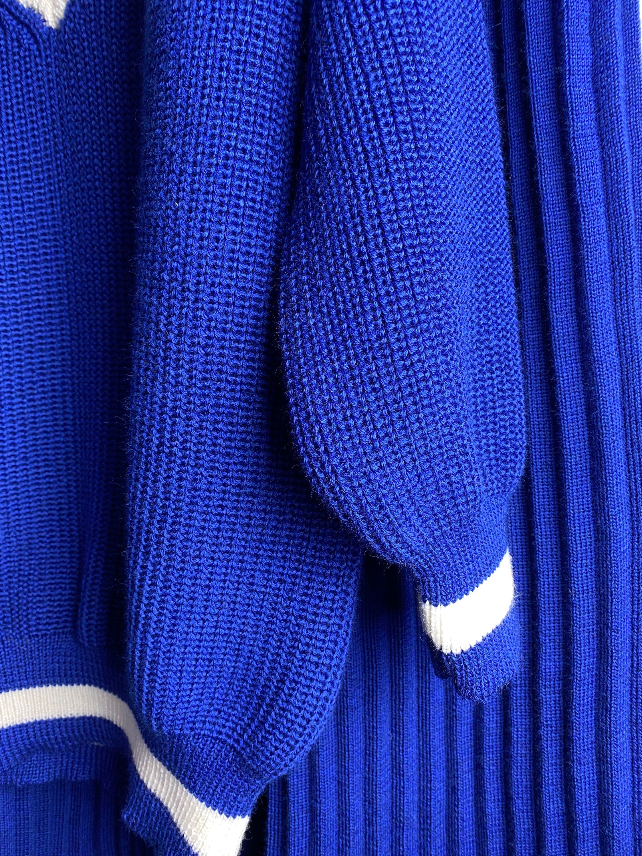 Knitted two piece set for women/Blue merino knit pantsuit/knit v-neck sweater pleated pants/Bright sweater and pants/Knit Sweater Set Women