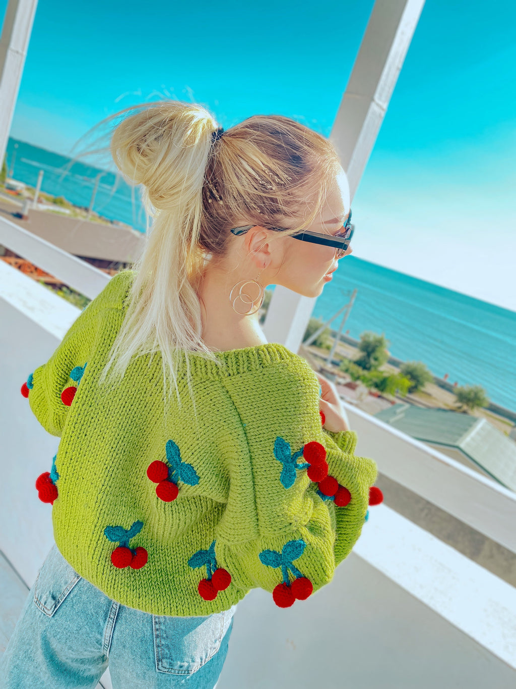 Chunky knit green crop cherry cardigan Strawberry cardigan Knitted crop sweater Loose sweater famous cardigan Unique gifts for her