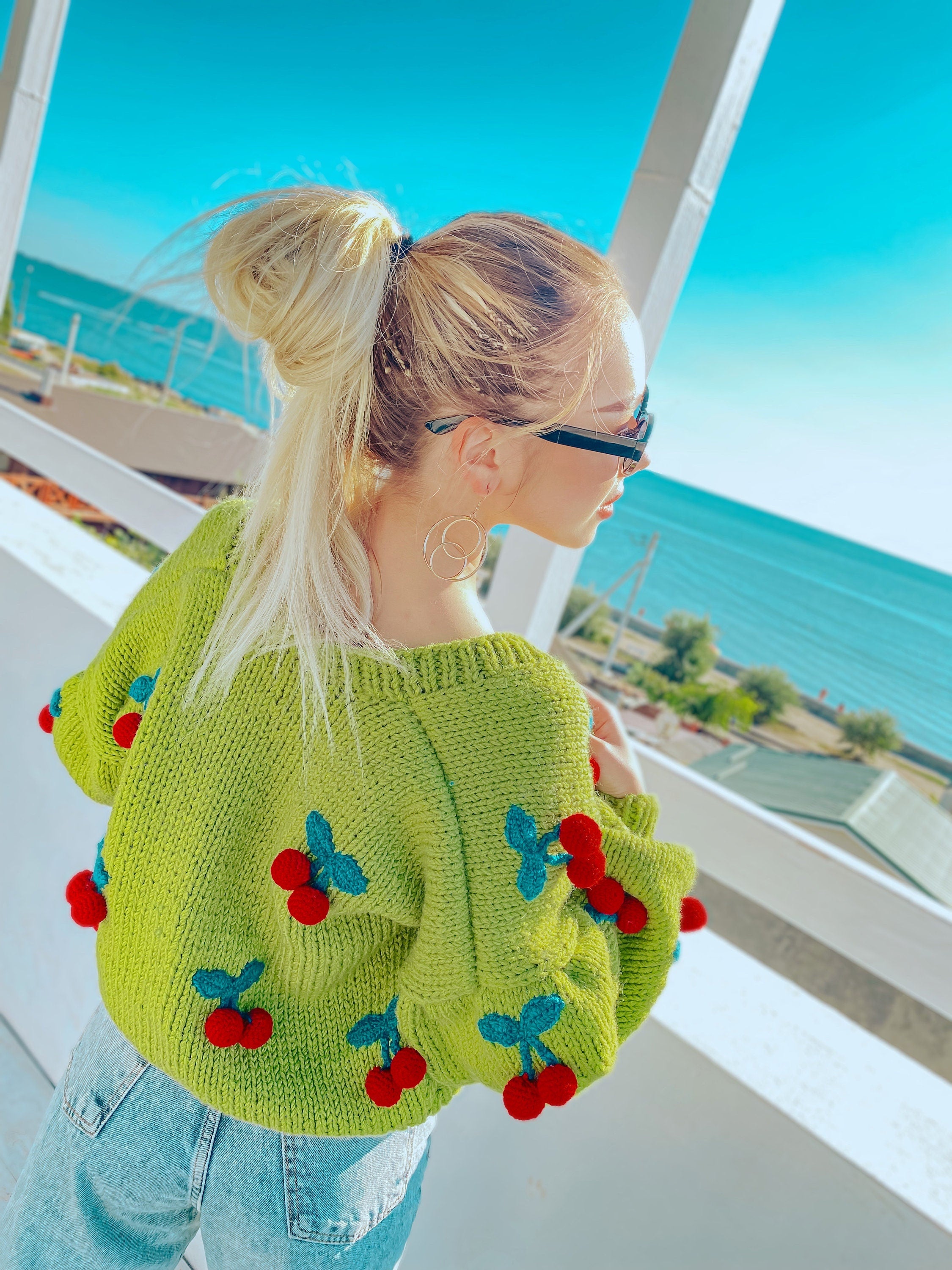 Chunky knit green crop cherry cardigan Strawberry cardigan Knitted crop sweater Loose sweater famous cardigan Unique gifts for her