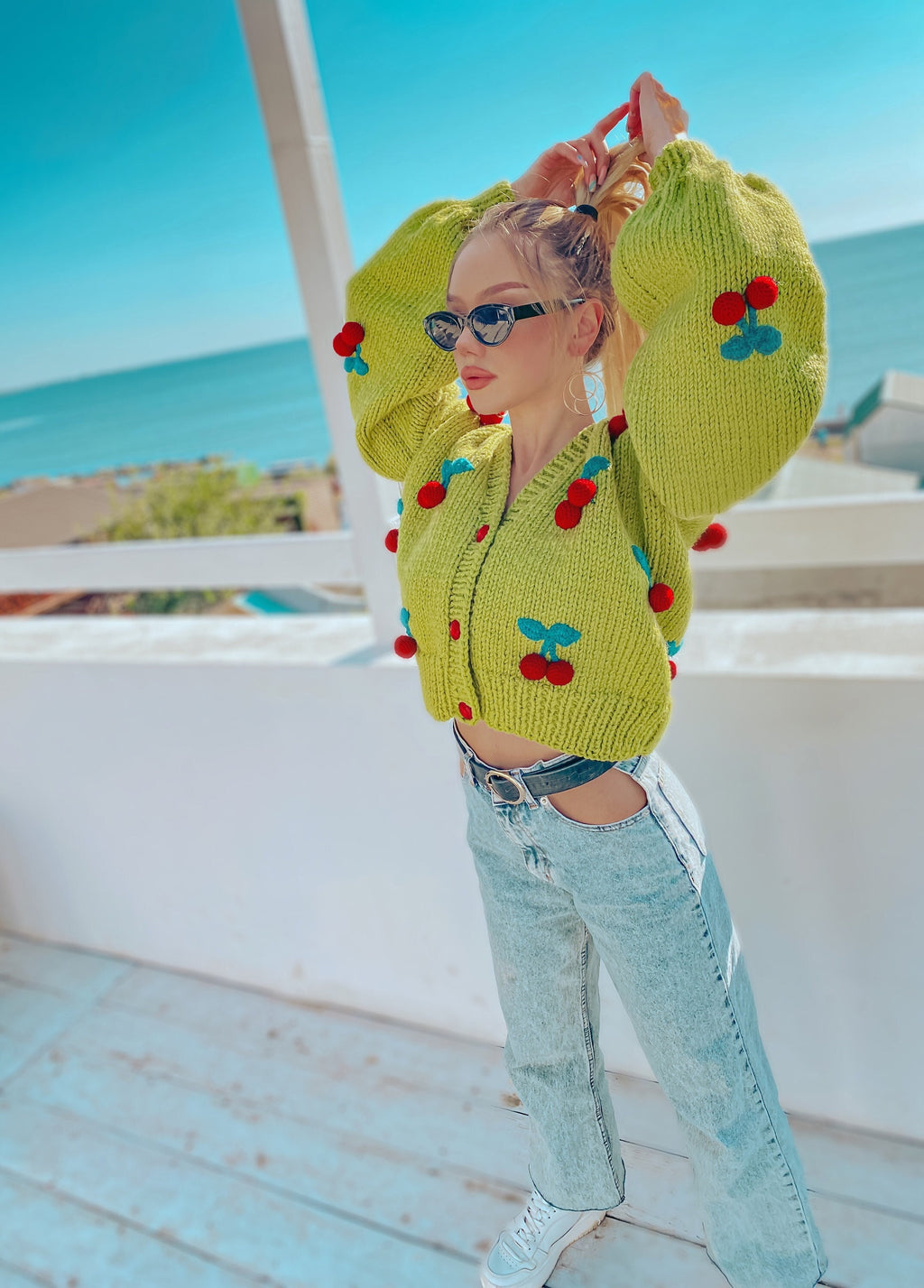 Chunky knit green crop cherry cardigan Strawberry cardigan Knitted crop sweater Loose sweater famous cardigan Unique gifts for her