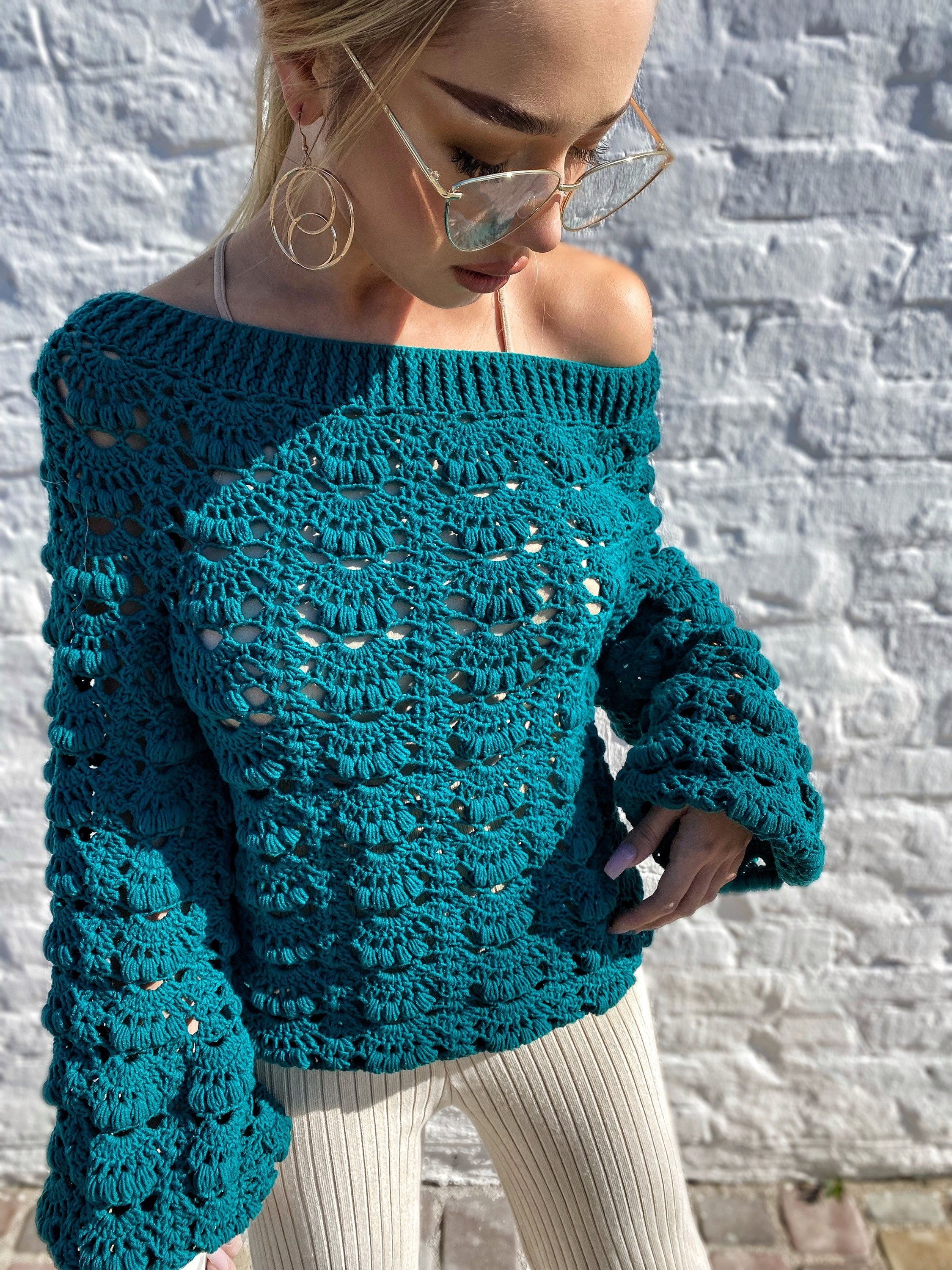 Сrochet blouse Crochet boho emerald sweater Cotton green one shoulder blouse sweater Sweater open shoulders summer sweater women