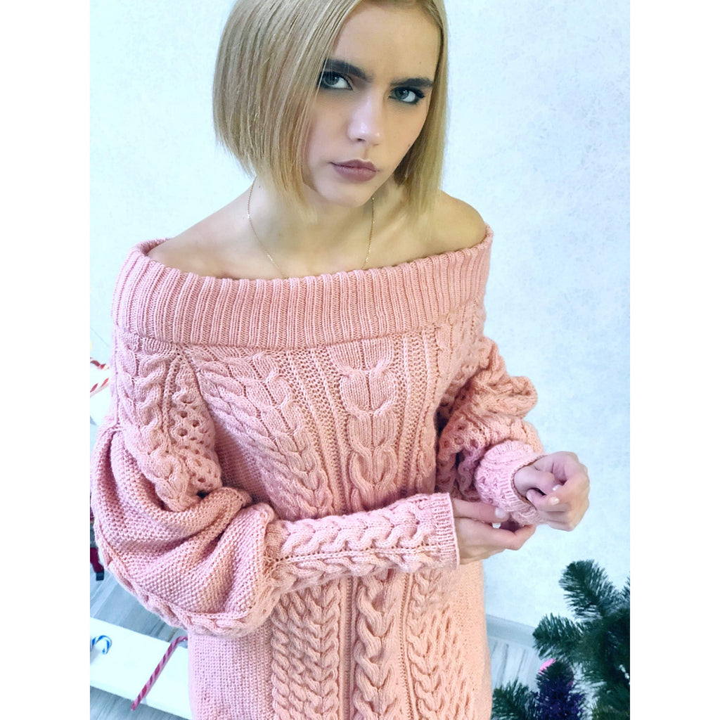 Aran long sweater dress with open shoulders Pink knitted one shoulder dress Cable knit sweater/wide sleeves/off shoulder sweater for women
