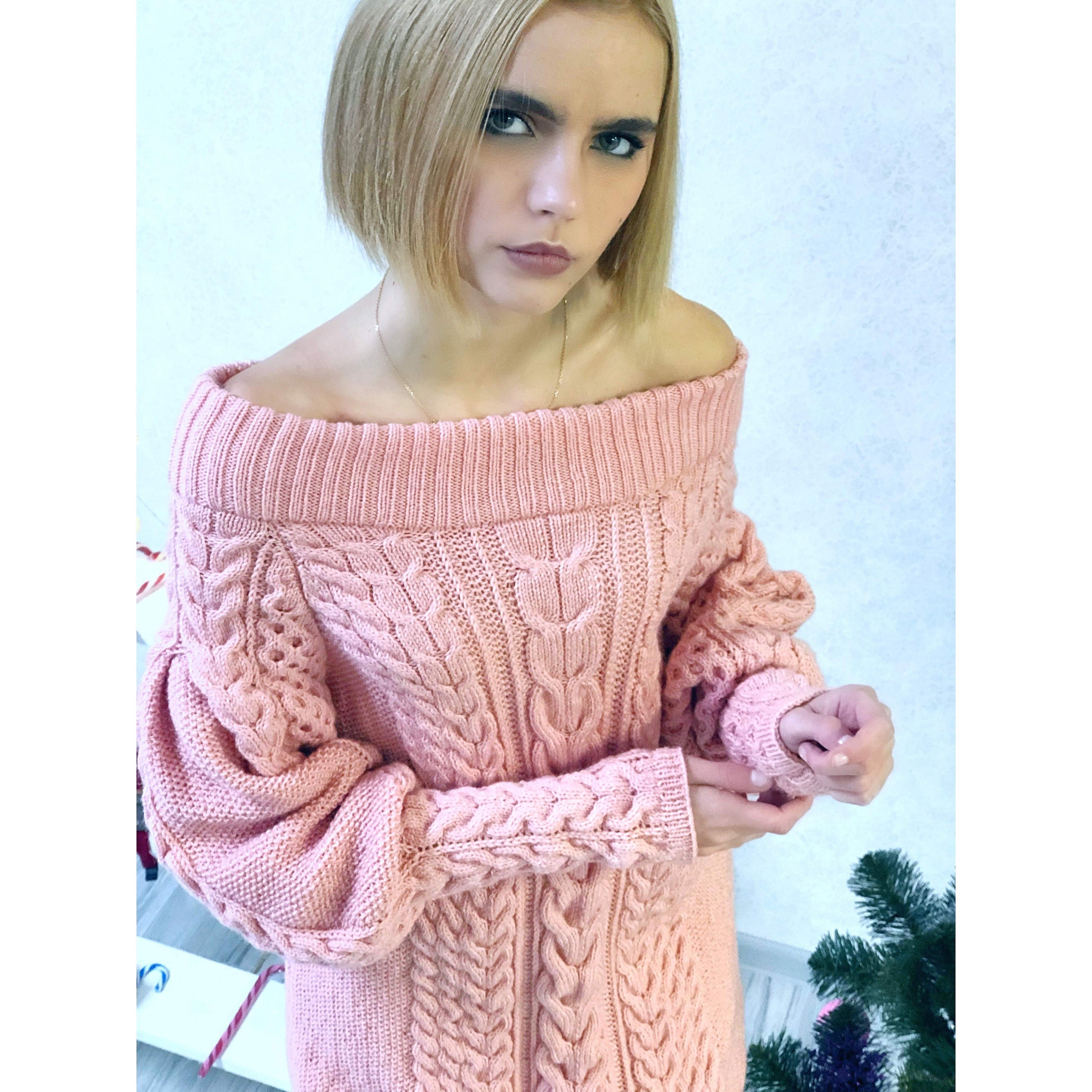 Aran long sweater dress with open shoulders Pink knitted one shoulder dress Cable knit sweater/wide sleeves/off shoulder sweater for women