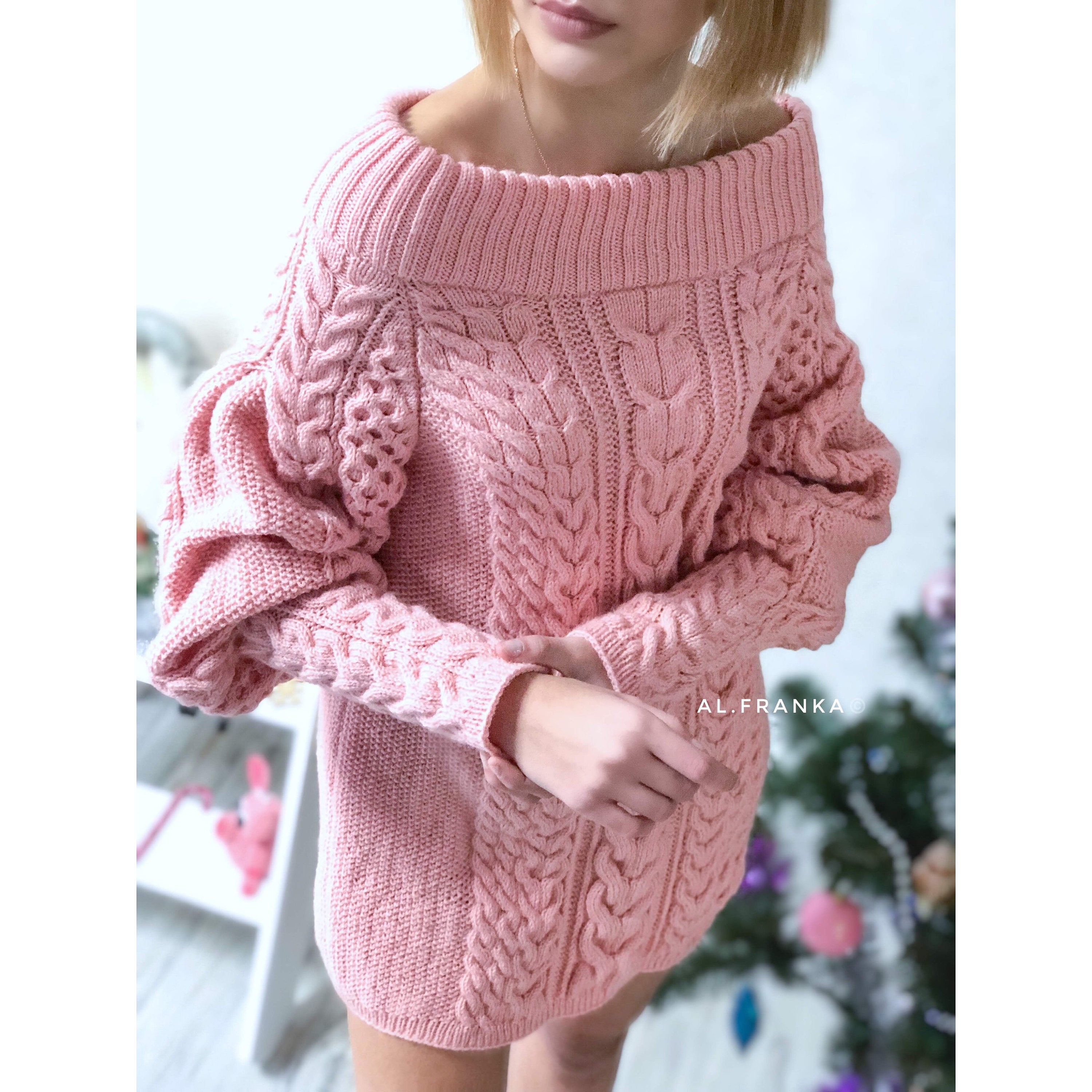 Aran long sweater dress with open shoulders Pink knitted one shoulder dress Cable knit sweater/wide sleeves/off shoulder sweater for women