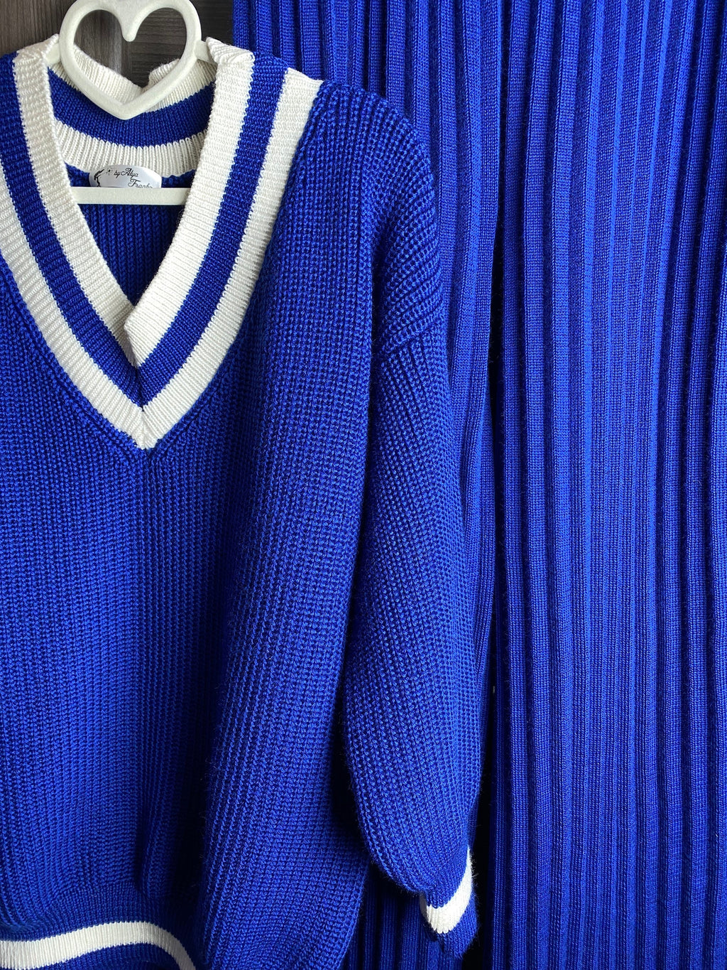 Knitted two piece set for women/Blue merino knit pantsuit/knit v-neck sweater pleated pants/Bright sweater and pants/Knit Sweater Set Women