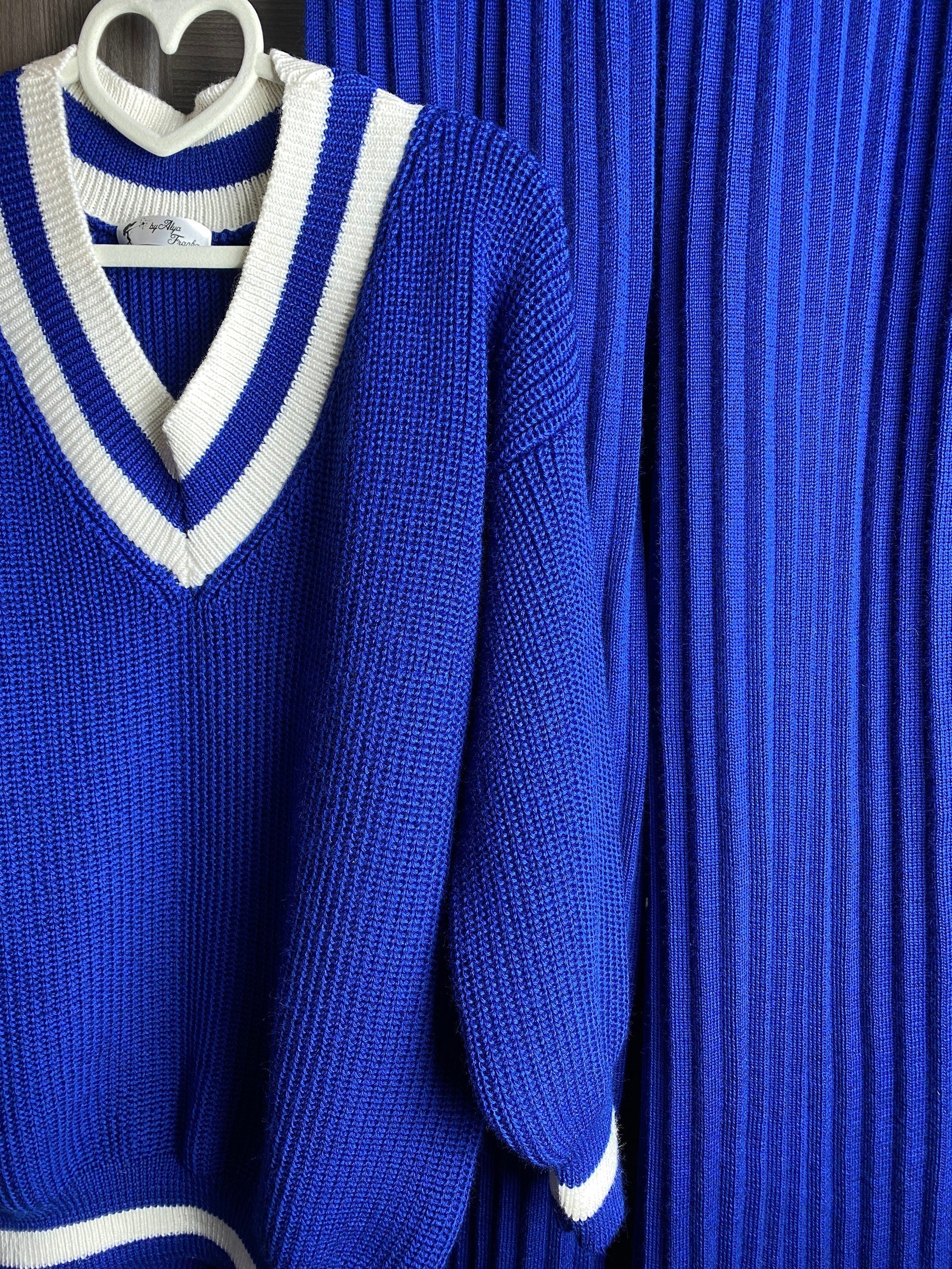 Knitted two piece set for women/Blue merino knit pantsuit/knit v-neck sweater pleated pants/Bright sweater and pants/Knit Sweater Set Women