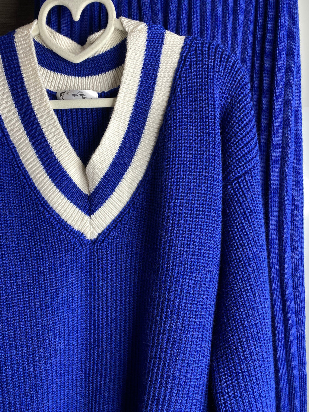 Knitted two piece set for women/Blue merino knit pantsuit/knit v-neck sweater pleated pants/Bright sweater and pants/Knit Sweater Set Women
