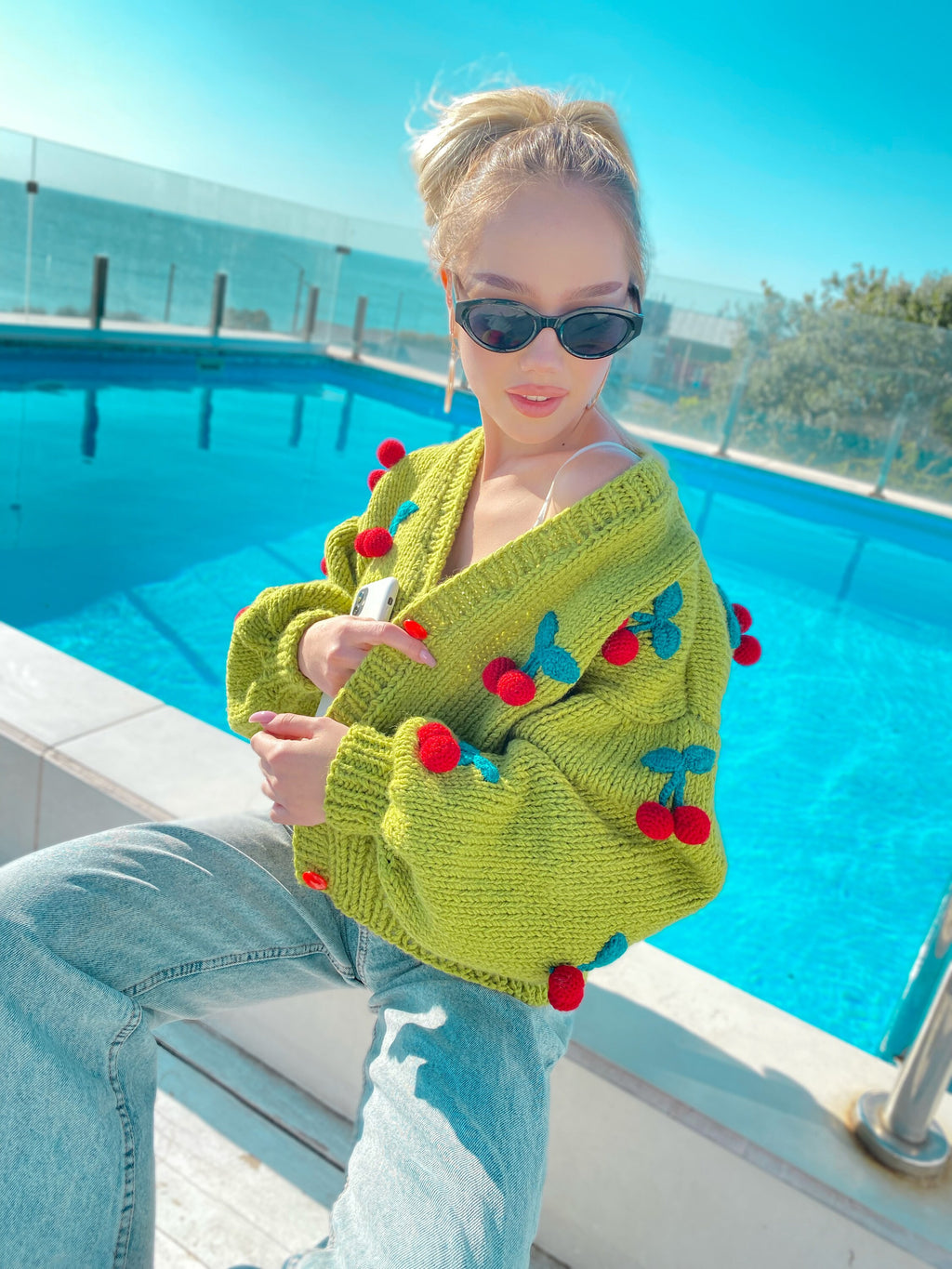 Chunky knit green crop cherry cardigan Strawberry cardigan Knitted crop sweater Loose sweater famous cardigan Unique gifts for her