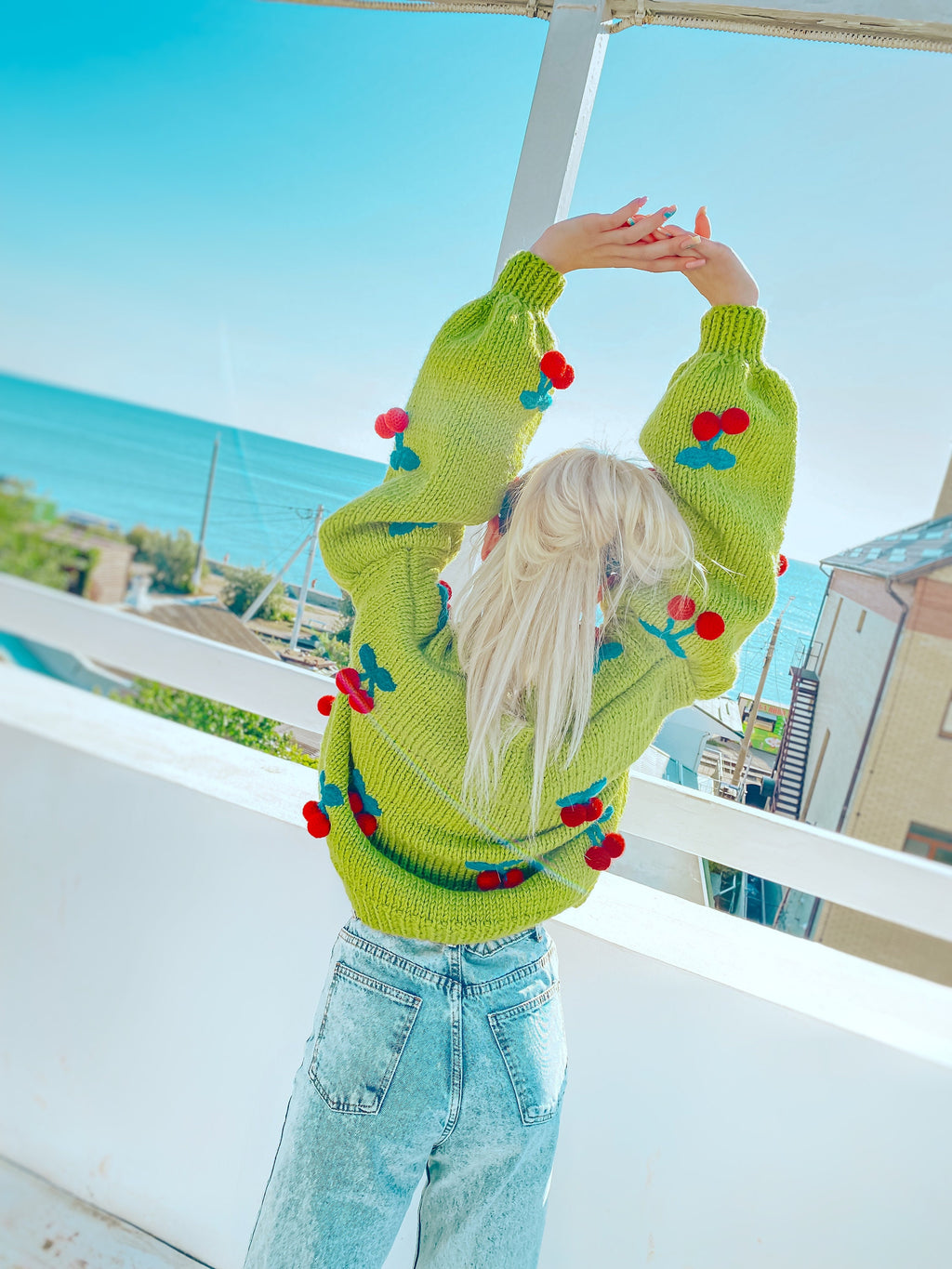 Green knit crop cherry cardigan Strawberry cardigan Chunky cardigan Knitted crop sweater Loose sweater famous cardigan Unique gifts for her