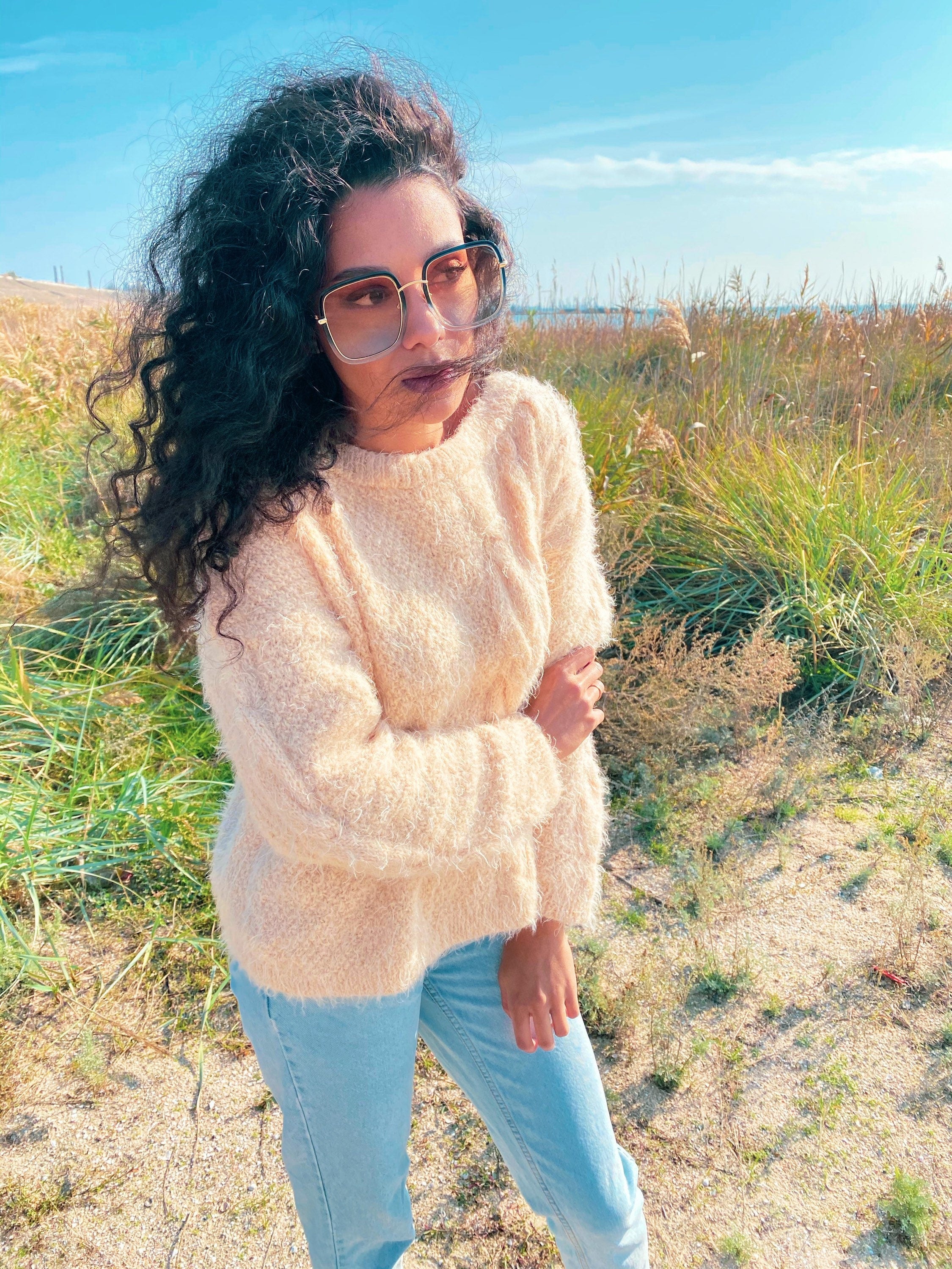Soft fluffy hand knit oversized sweater for women Eco body friendly Chunky knit Pastel Beige pullover Long sleeve pastel jumper Sustainable