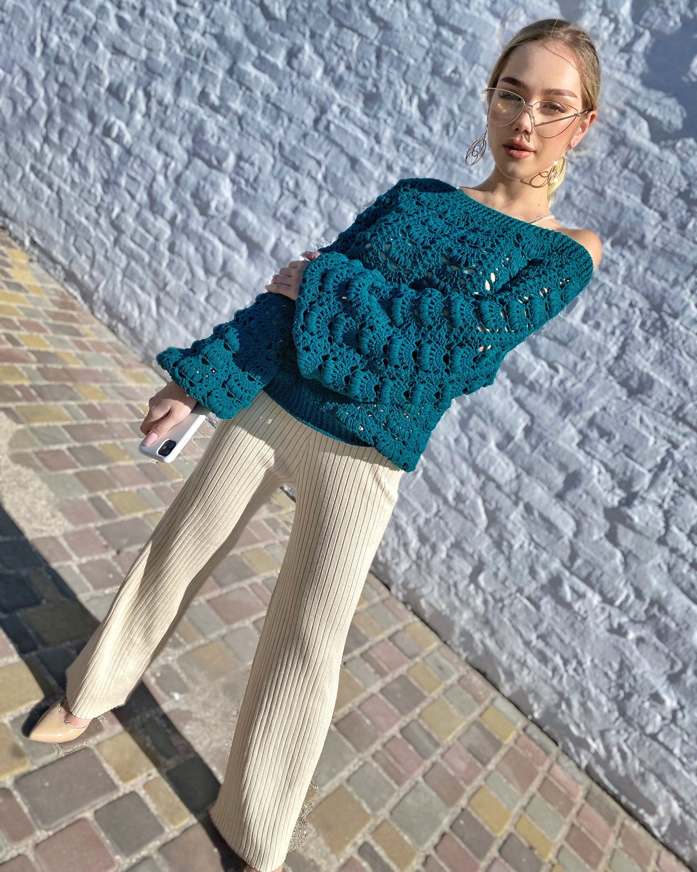 Сrochet blouse Crochet boho emerald sweater Cotton green one shoulder blouse sweater Sweater open shoulders summer sweater women