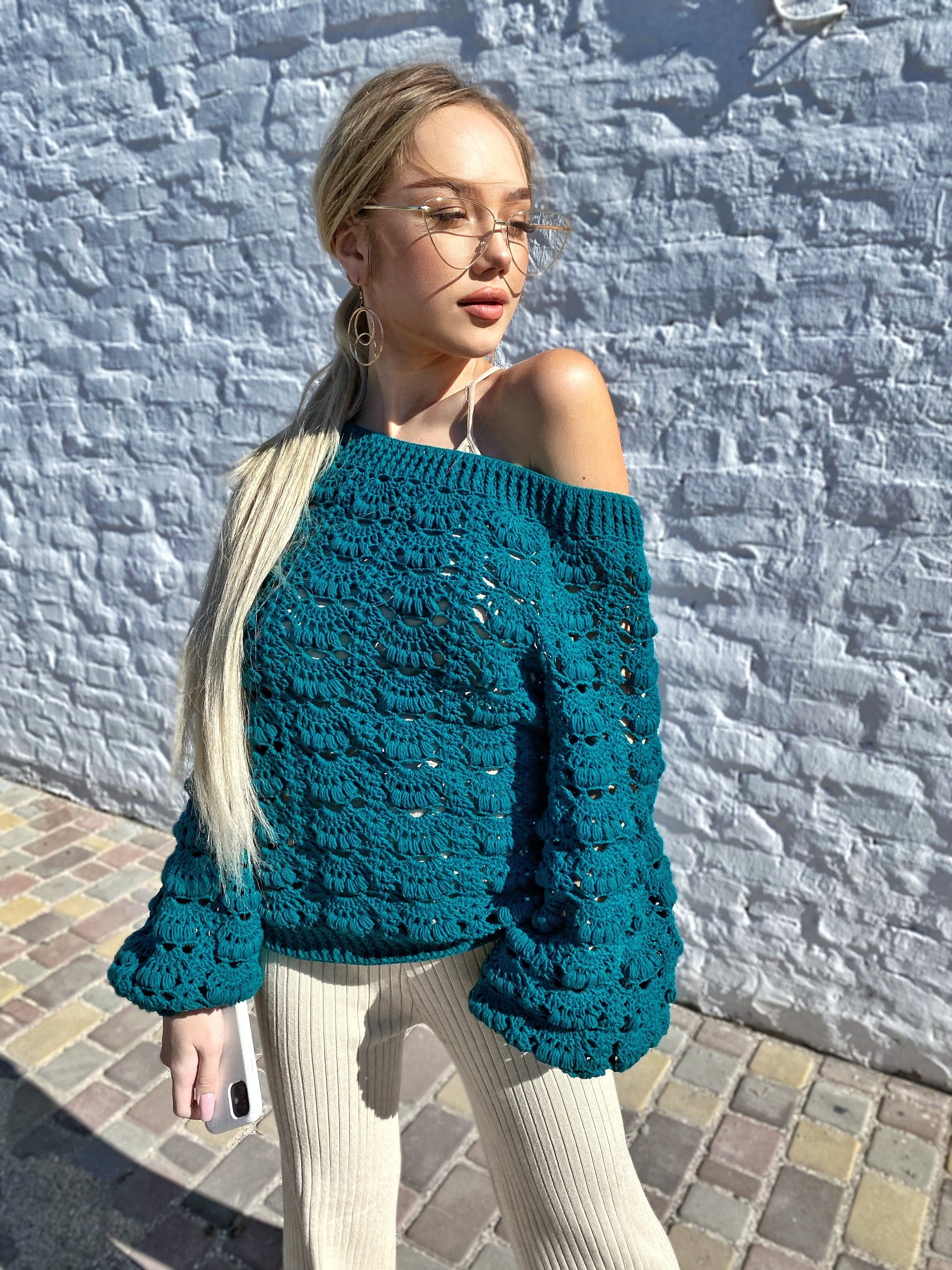 Сrochet blouse Crochet boho emerald sweater Cotton green one shoulder blouse sweater Sweater open shoulders summer sweater women