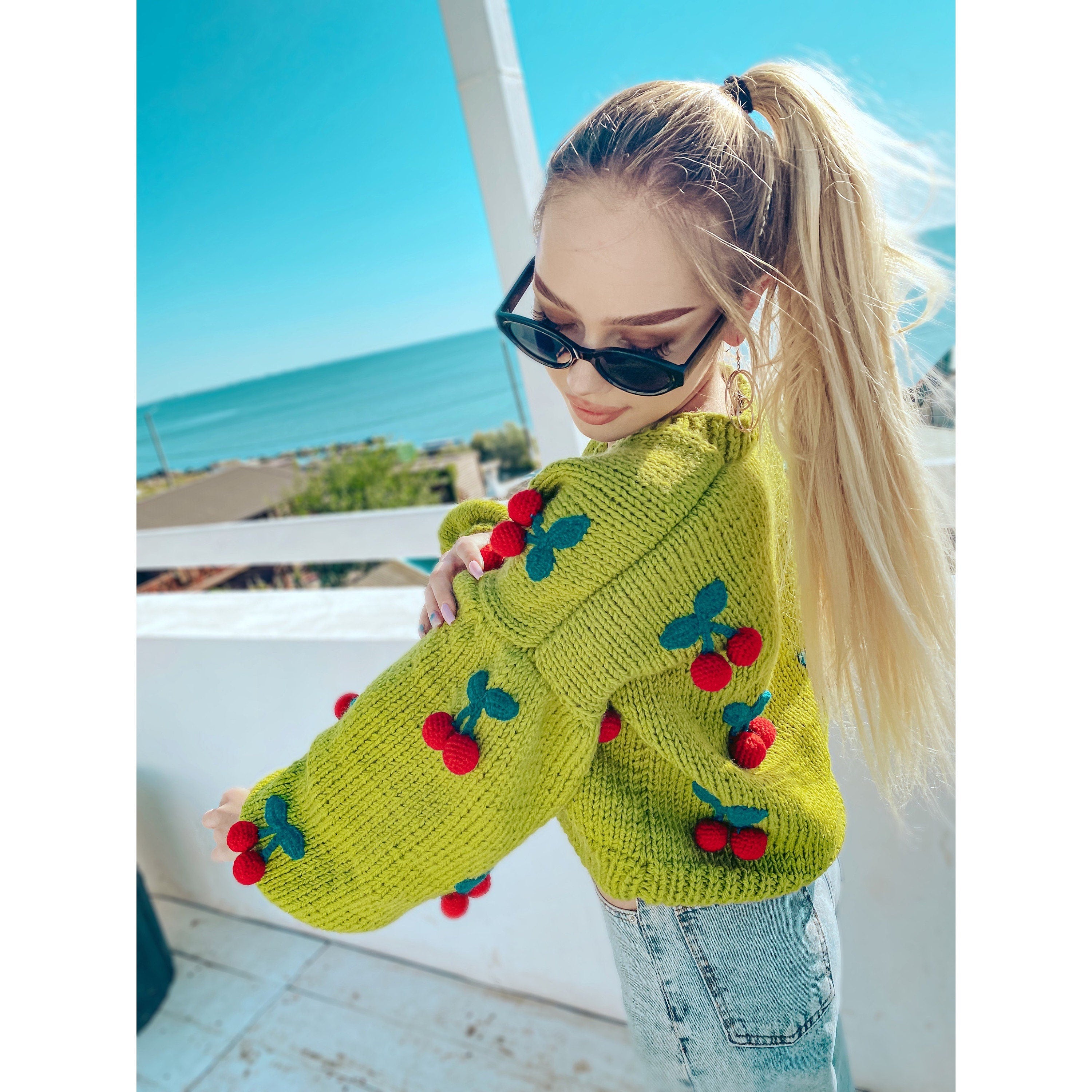 Chunky knit green crop cherry cardigan Strawberry cardigan Knitted crop sweater Loose sweater famous cardigan Unique gifts for her