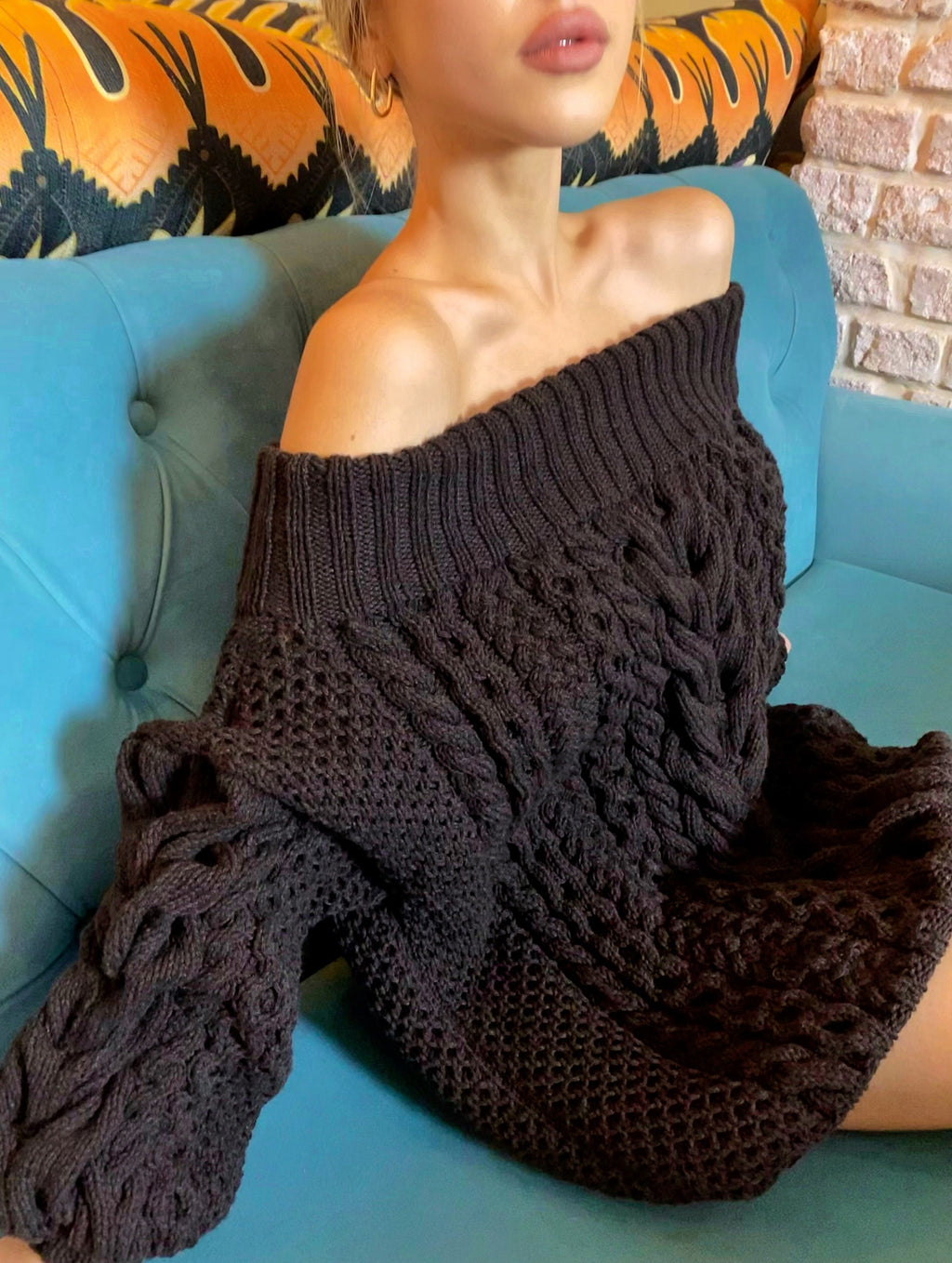 Hand knit merino sweater black dress for women Cable knit sweater open shoulders Long women’s wool sweater braids knit dress one shoulder