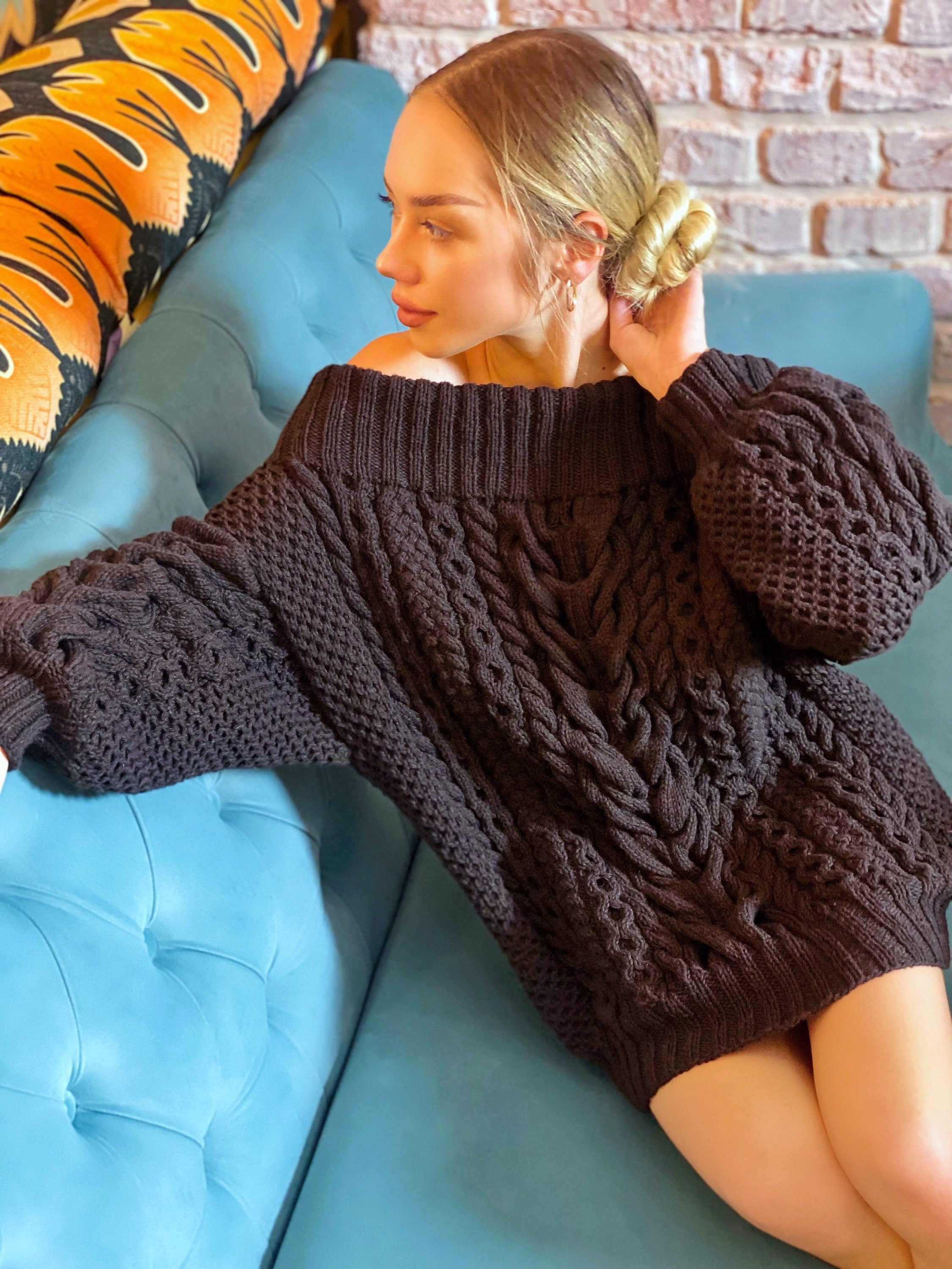 Hand knit sweater dress for women Black White cable sweater dress open shoulders Long women’s wool sweater braids knit dress one shoulder