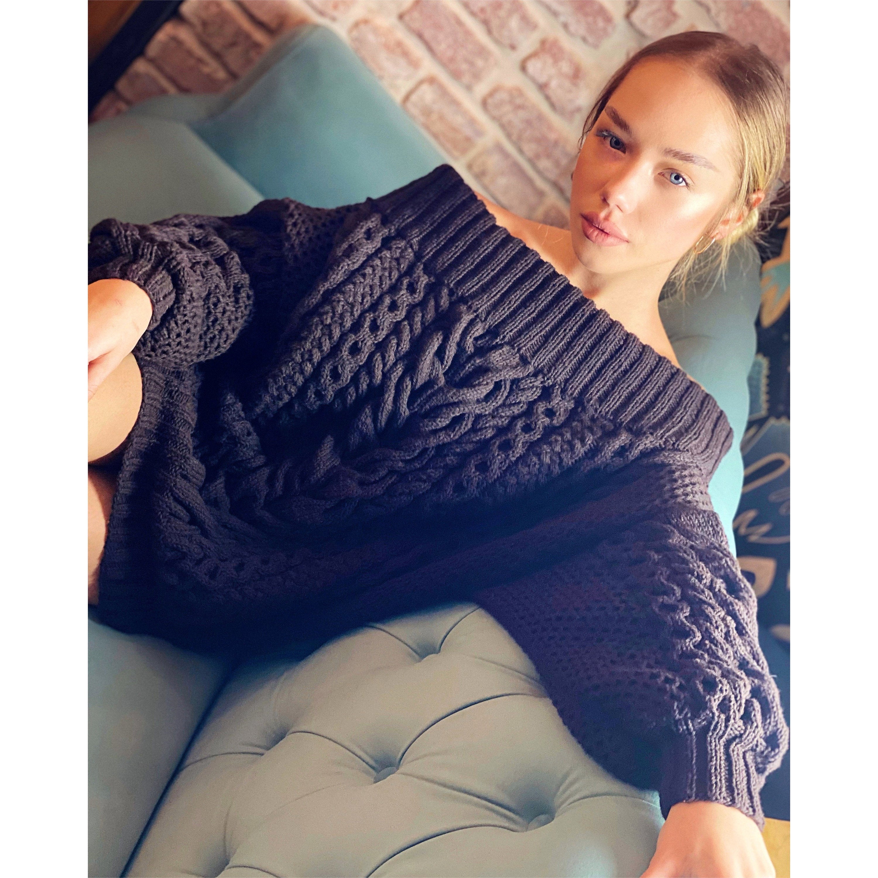 Hand knit merino sweater black dress for women Cable knit sweater open shoulders Long women’s wool sweater braids knit dress one shoulder