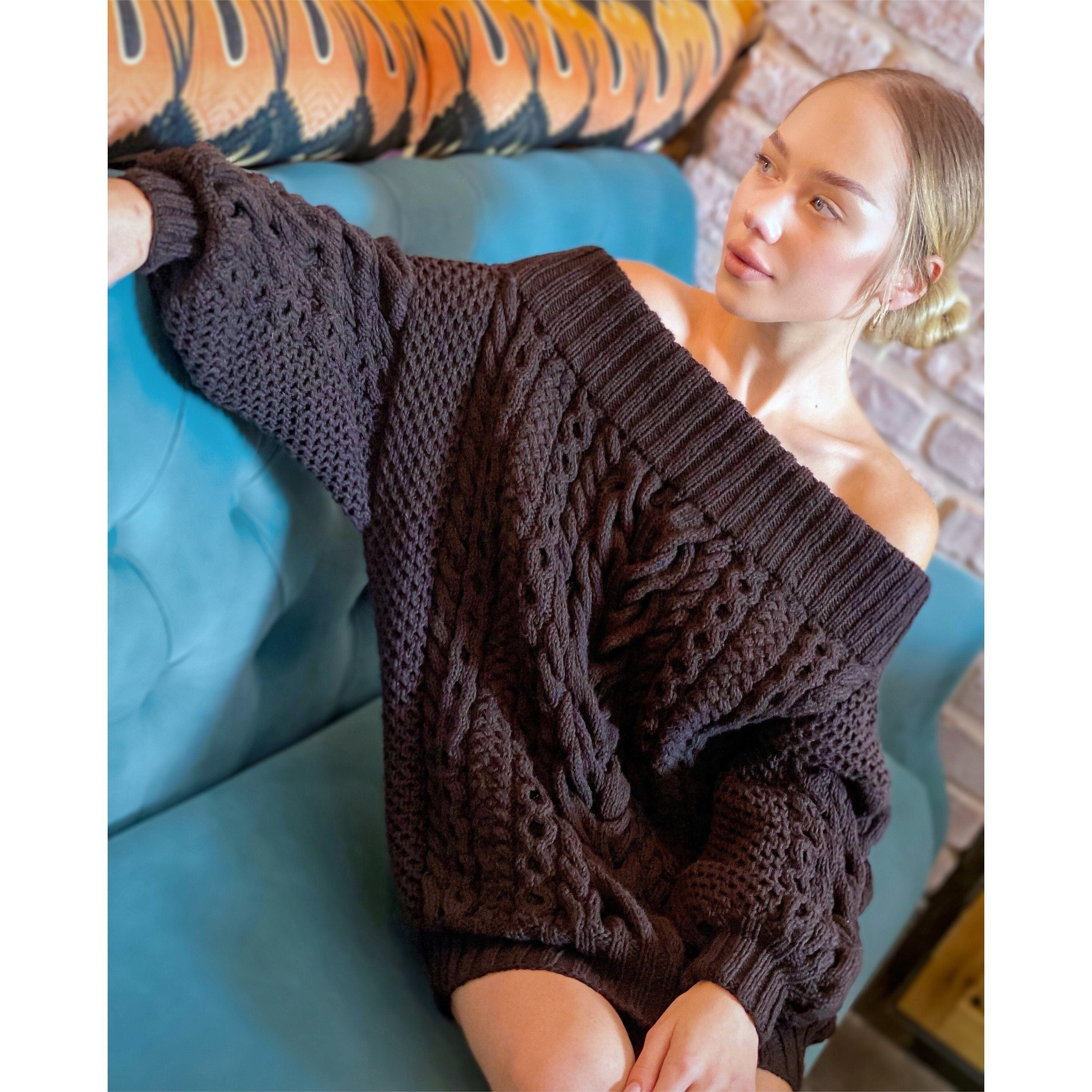 Hand knit sweater dress for women Black White cable sweater dress open shoulders Long women’s wool sweater braids knit dress one shoulder
