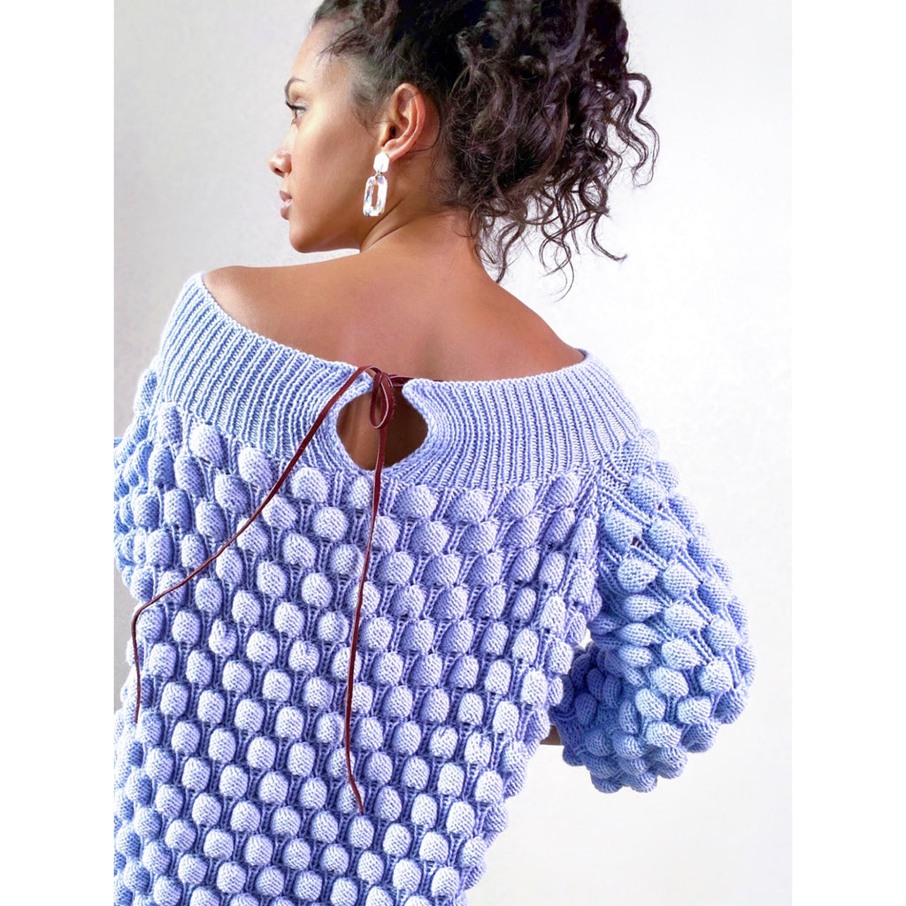 Bubble hand knit long blue sweater dress women Off shoulder merino wool sweater Balloons chunky sweater-dress Cable knit sweater