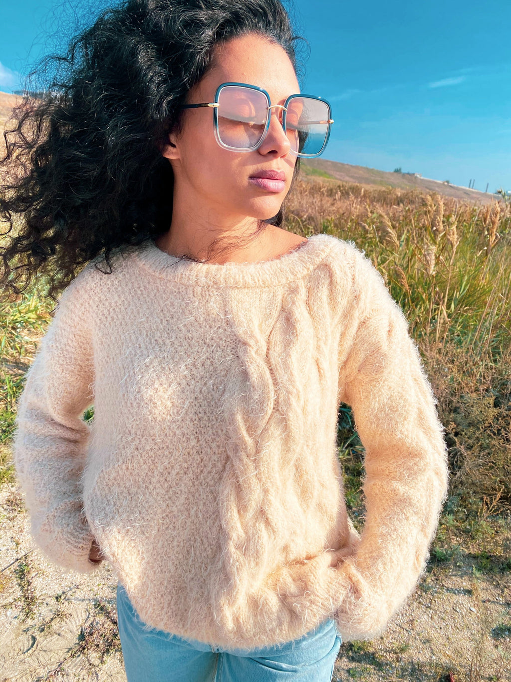 Soft fluffy hand knit oversized sweater for women Eco body friendly Chunky knit Pastel Beige pullover Long sleeve pastel jumper Sustainable