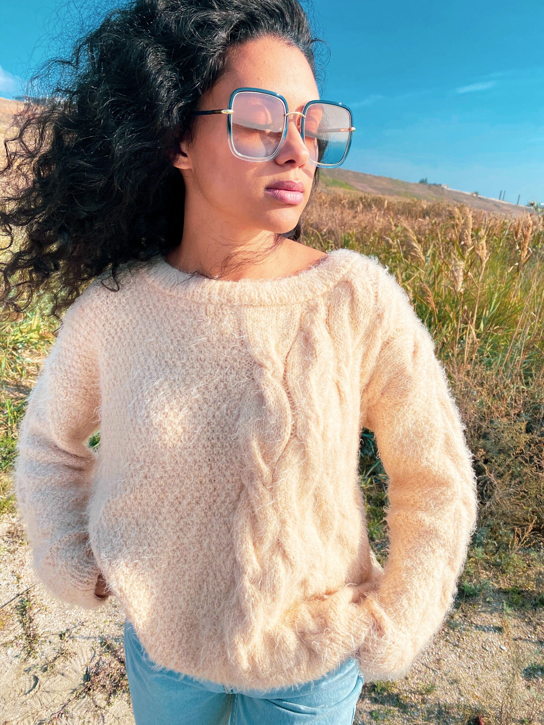 Soft fluffy hand knit oversized sweater for women Eco body friendly Chunky knit Pastel Beige pullover Long sleeve pastel jumper Sustainable