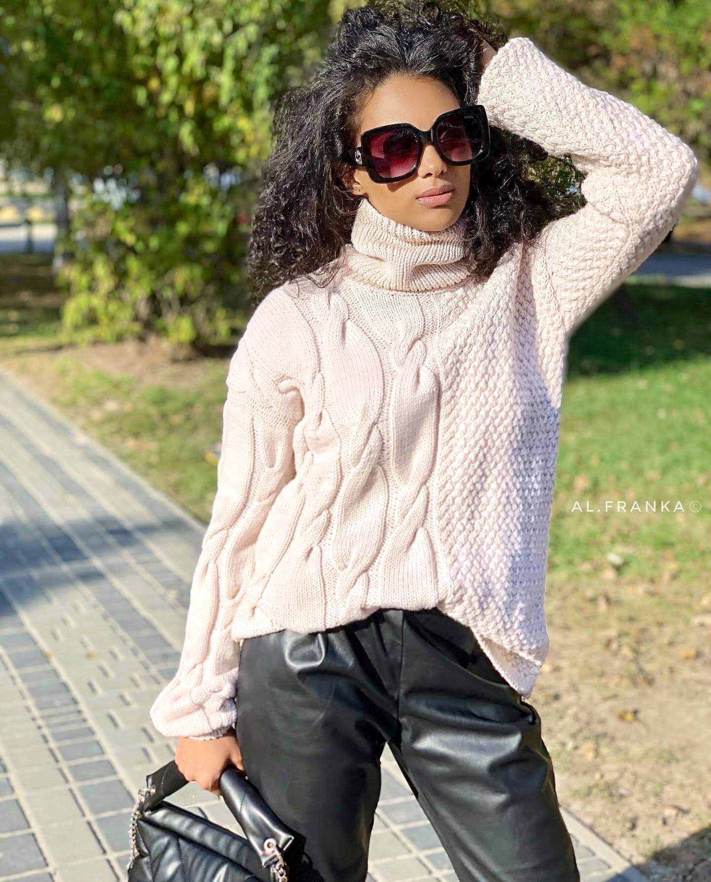 Knit merino wool cream beige sweater turtleneck women’s High collar sweater dress Oversized turtleneck sweater under 80 Autumn shirt