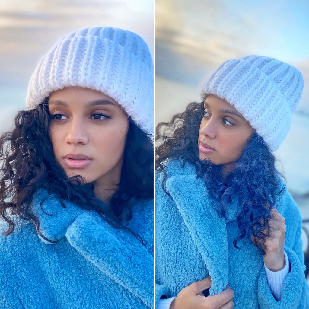 Hand knitted white mohair hat women Bulky knit chunky winter beanie hat Warm hat with lapel Chunky knit hat Cozy white knitted hat