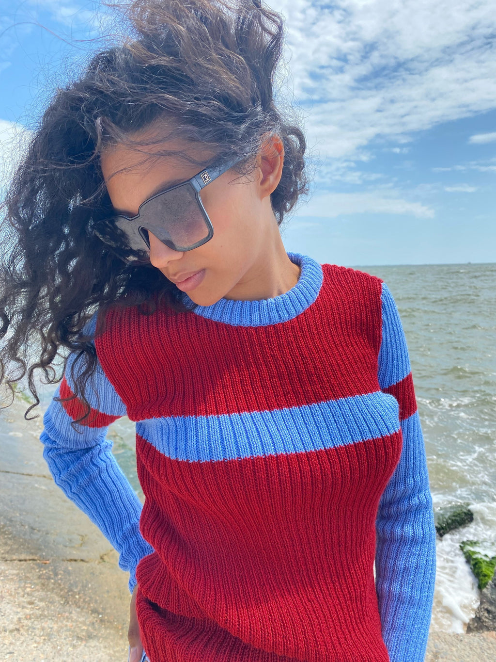 Red blue knitted sweater/knit woolen mens unisex sweater/red pullover/wool turtleneck/gender neutral sweater/chunky knit pullover