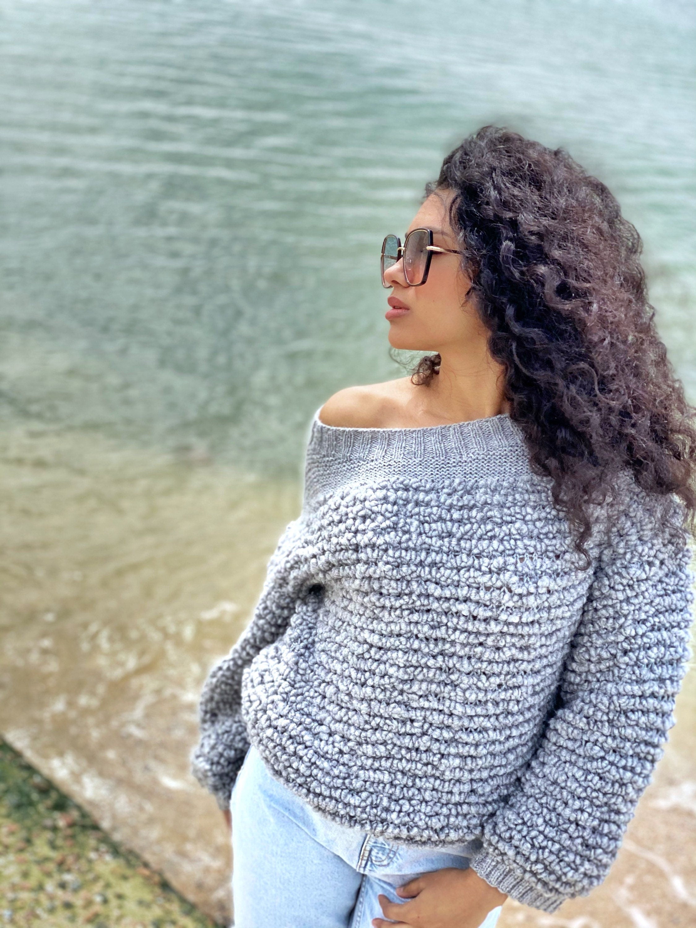 Cable hand knit boucle alpaca wool gray sweater Chunky knit cropped oversize One shoulder big cable knit sweater women