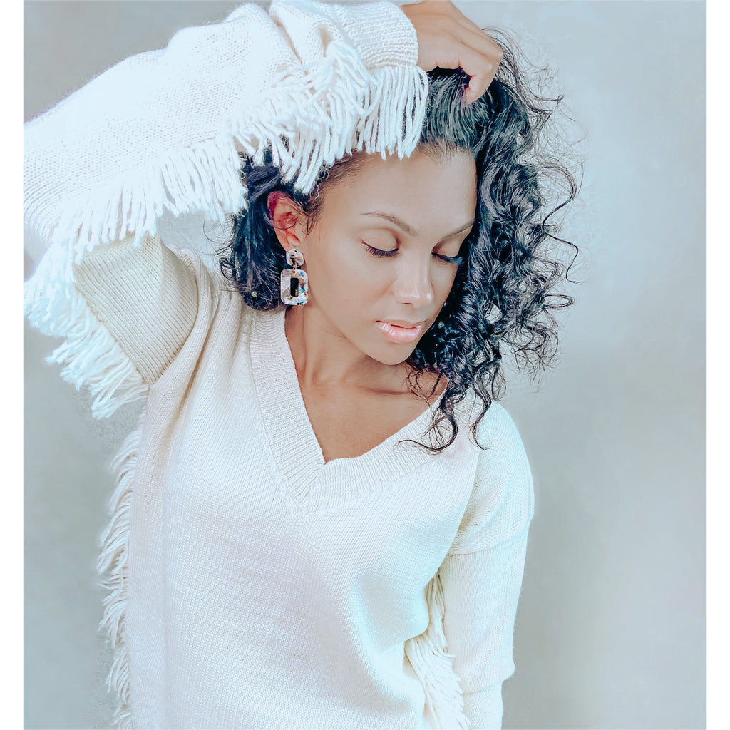 Knitted milk merino wool mix fringe V-neck sweater for women White wool boho pullover Pastel hand knit long sleeve V neckline