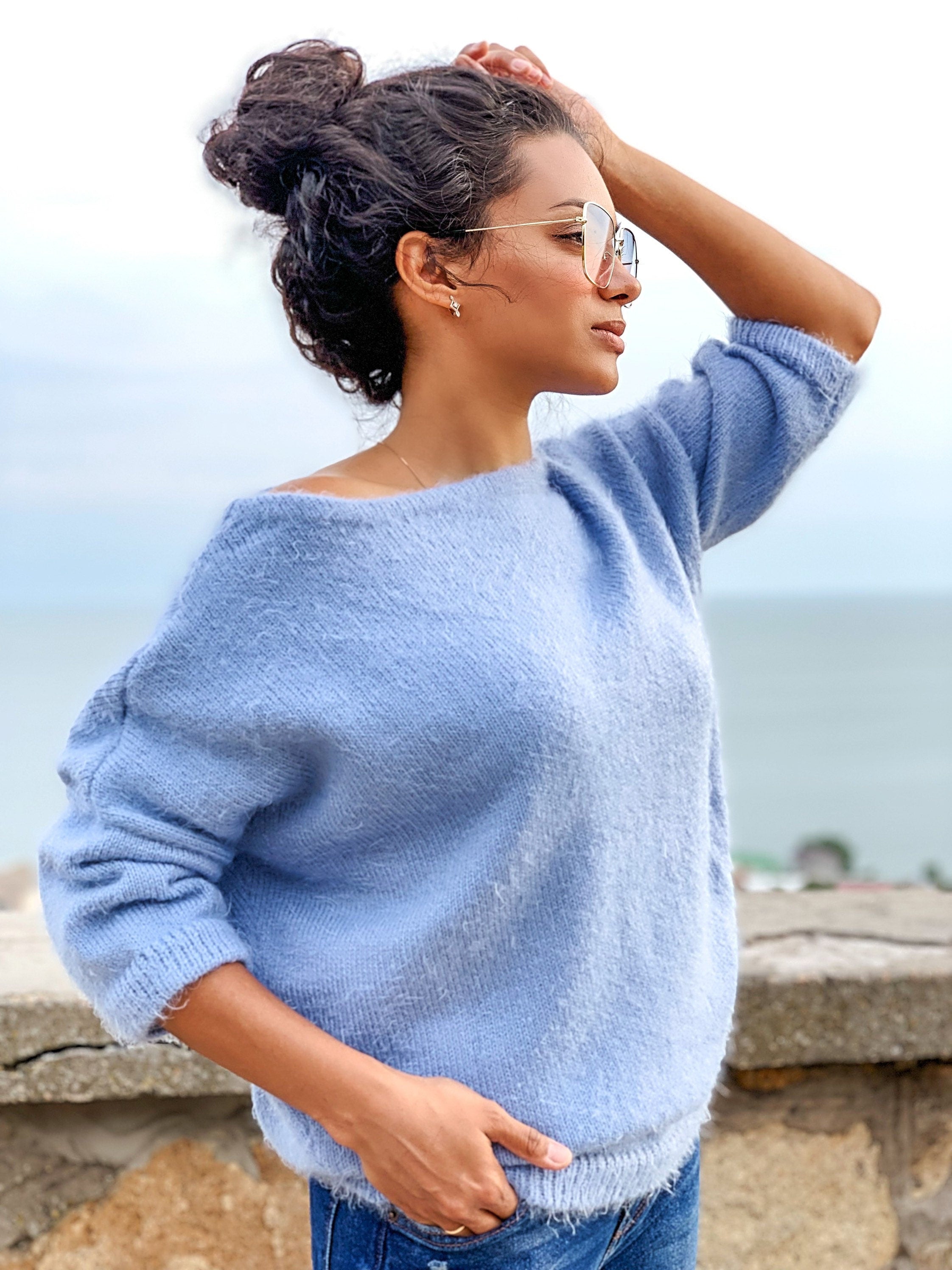 Soft cozy fluffy sweater Hypoallergenic knit light blue sweater Women oversized sweater 3/4 sleeve Eco friendly pullover One size Pne colour