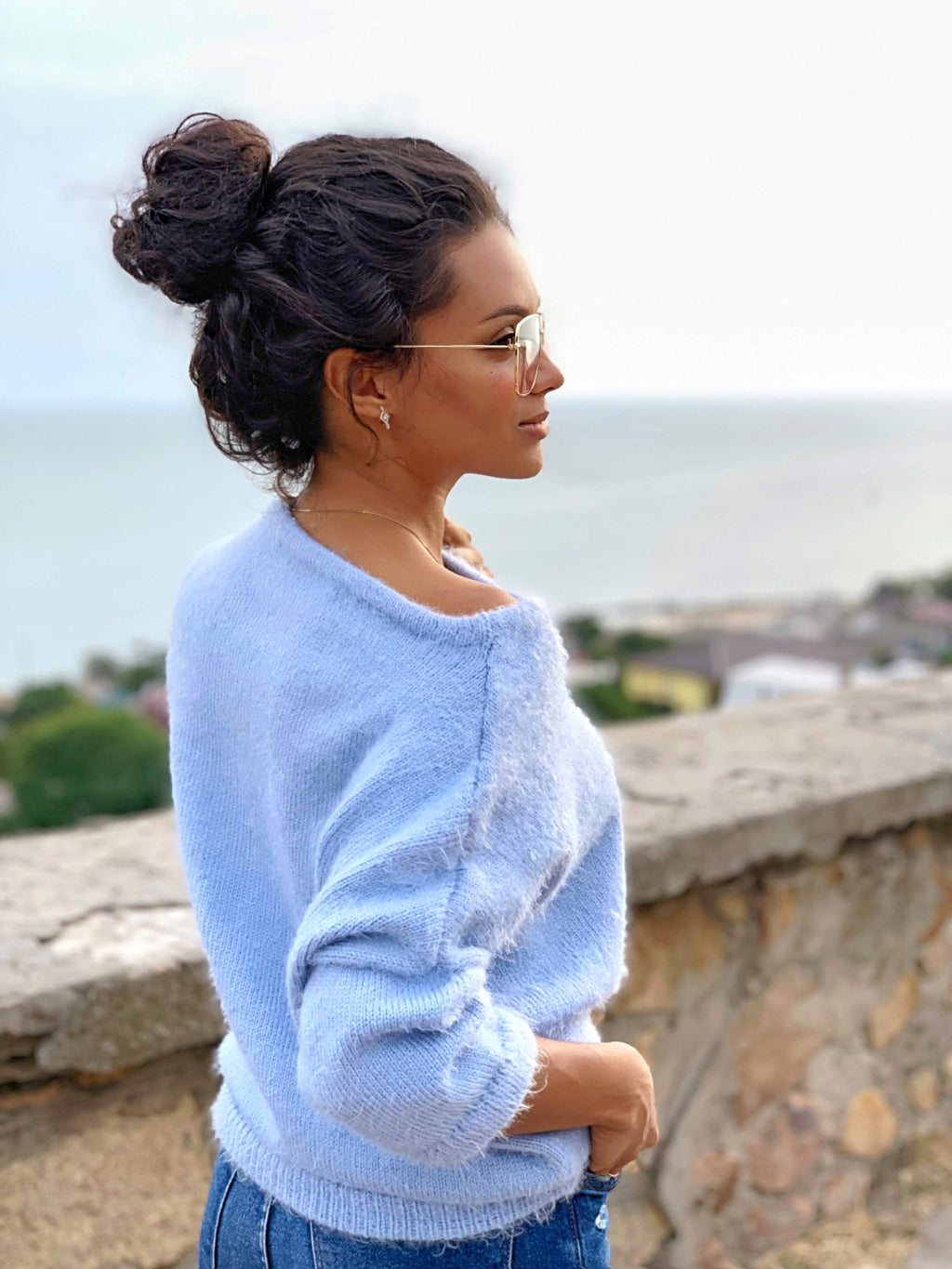 Soft cozy fluffy sweater Hypoallergenic knit light blue sweater Women oversized sweater 3/4 sleeve Eco friendly pullover One size Pne colour